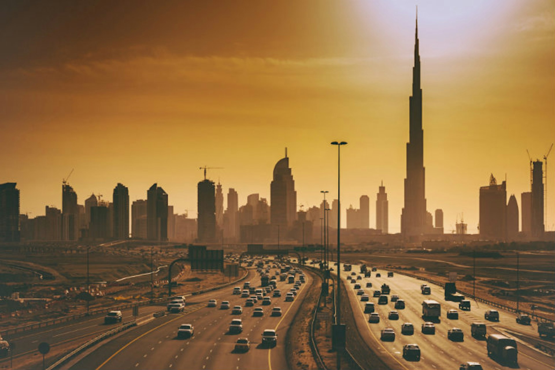 Dubai skyline, five-lane motorway in the foreground