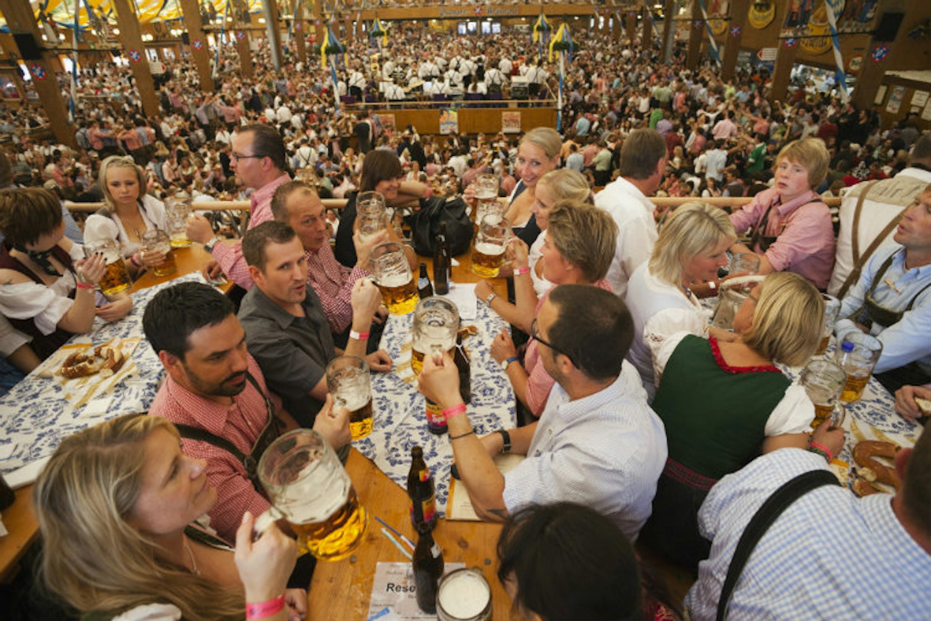 Typical beer tent scene at Oktoberfest, Munich, Germany.