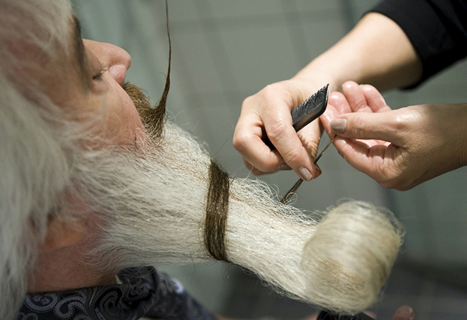 A competitor has his whiskers prepped for the World Beard and Moustache Championships in Trondheim. 
