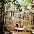 Features - Monks wandering through temple ruins of Ta Prohm.