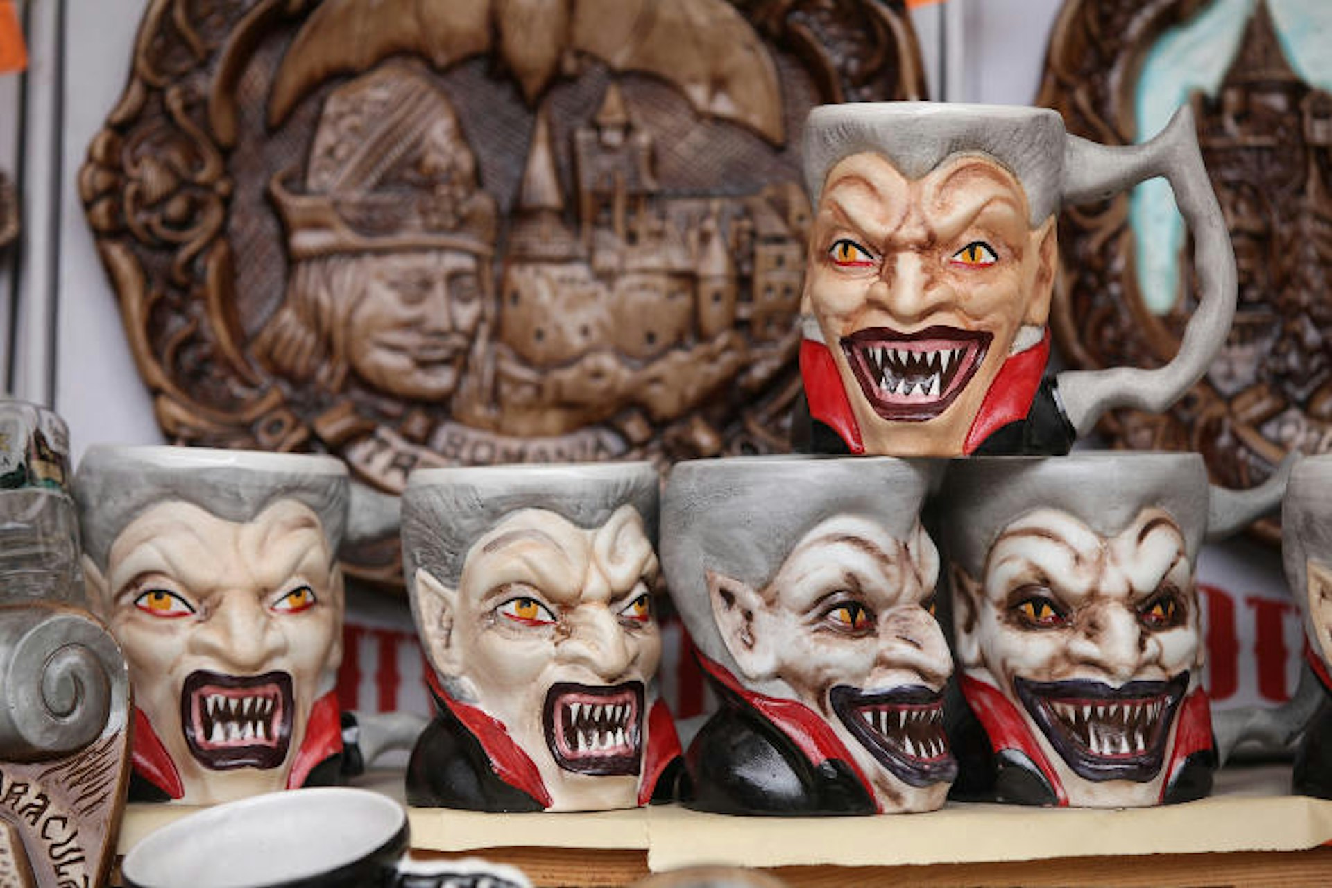 Dracula mugs on display at a souvenir shop at Bran Castle. Image by Sean Gallup / Getty Images
