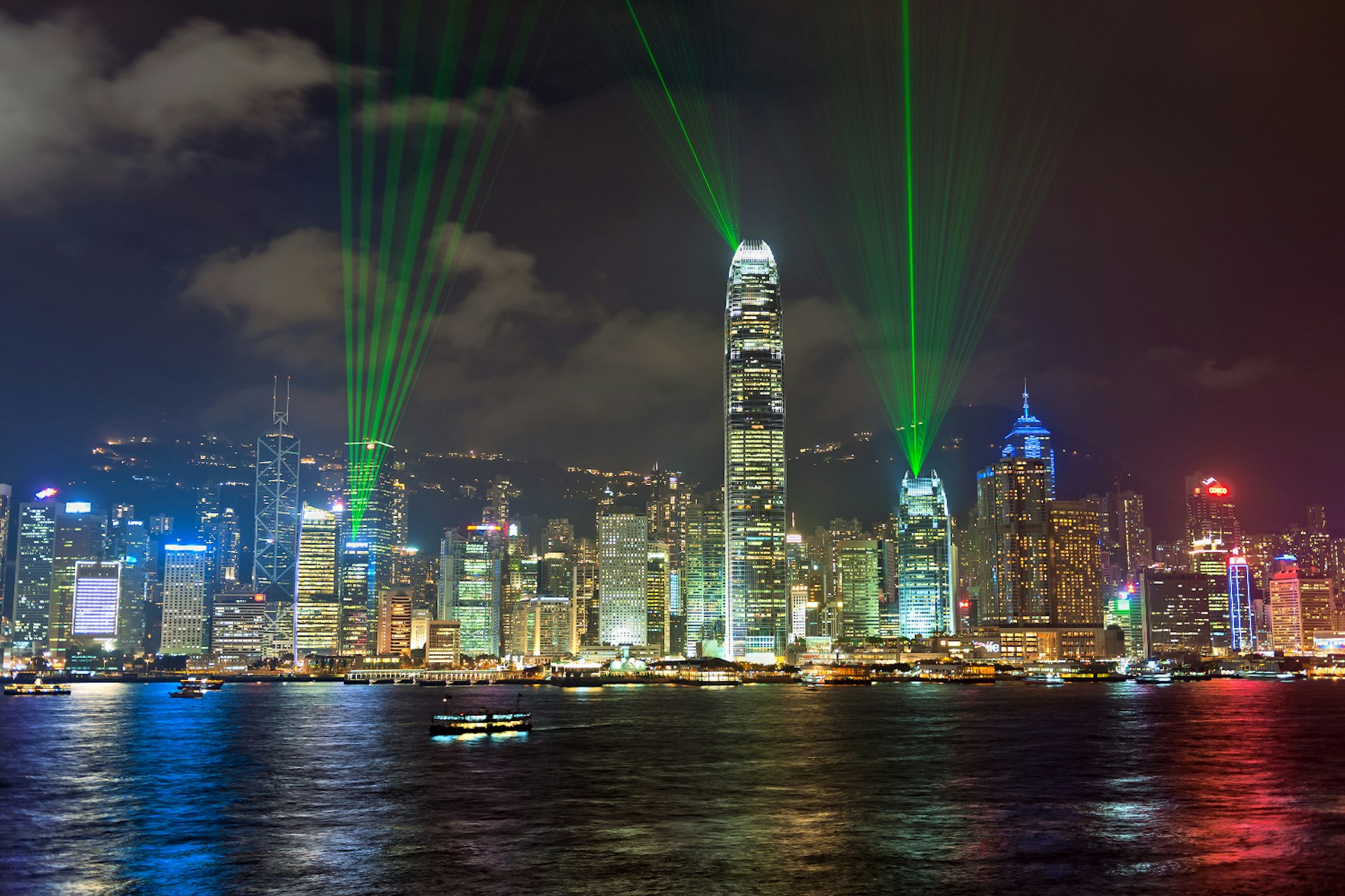 Best views of the Symphony of Lights are from Tsim Sha Tsui promenade. Image by Pavliha / Getty