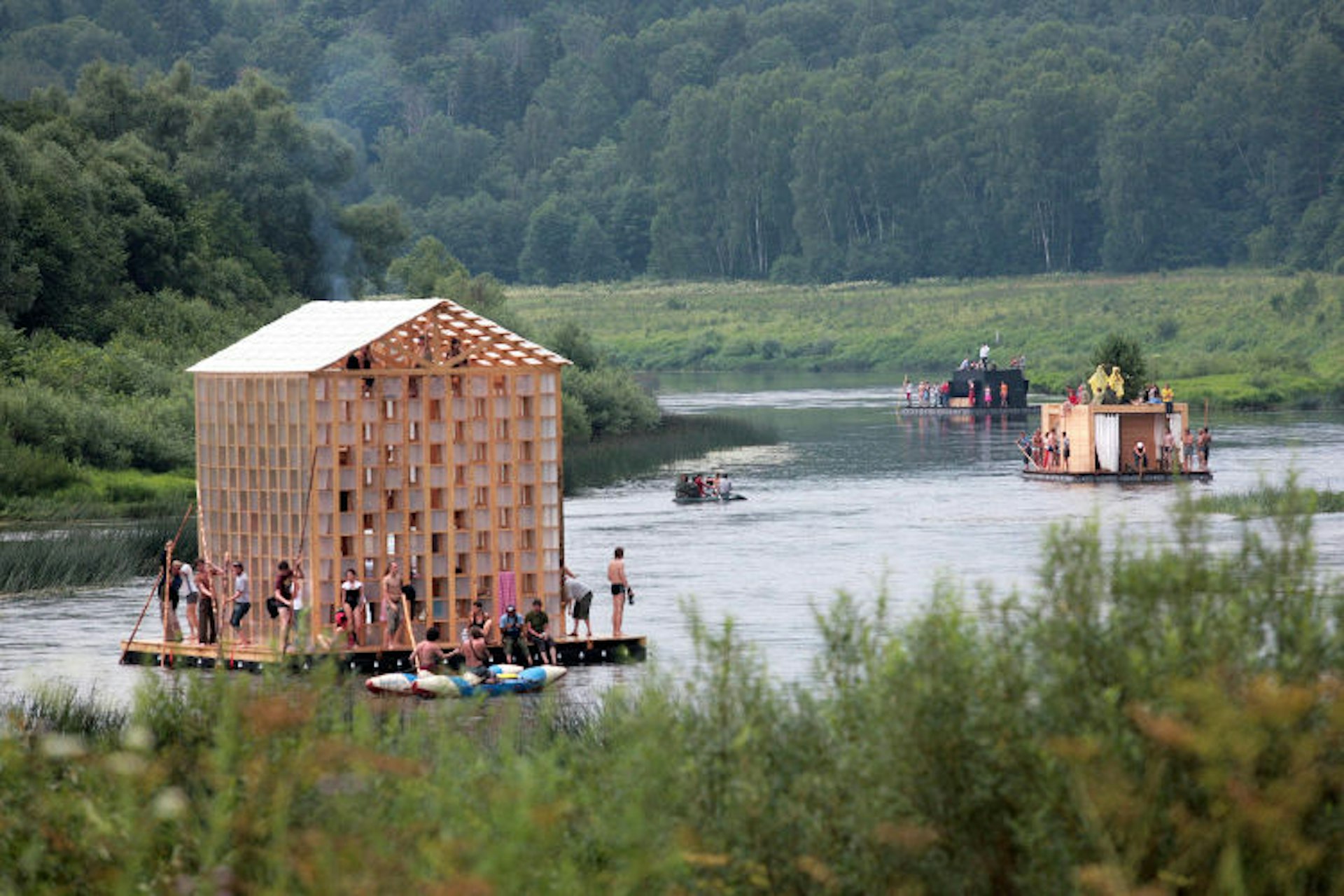 Architects riding their Noah's arks at the 2008 Archstoyanie festival at Nikola-Lenivets. Image by Sergey Shakhidjanian / AFP / Getty Images