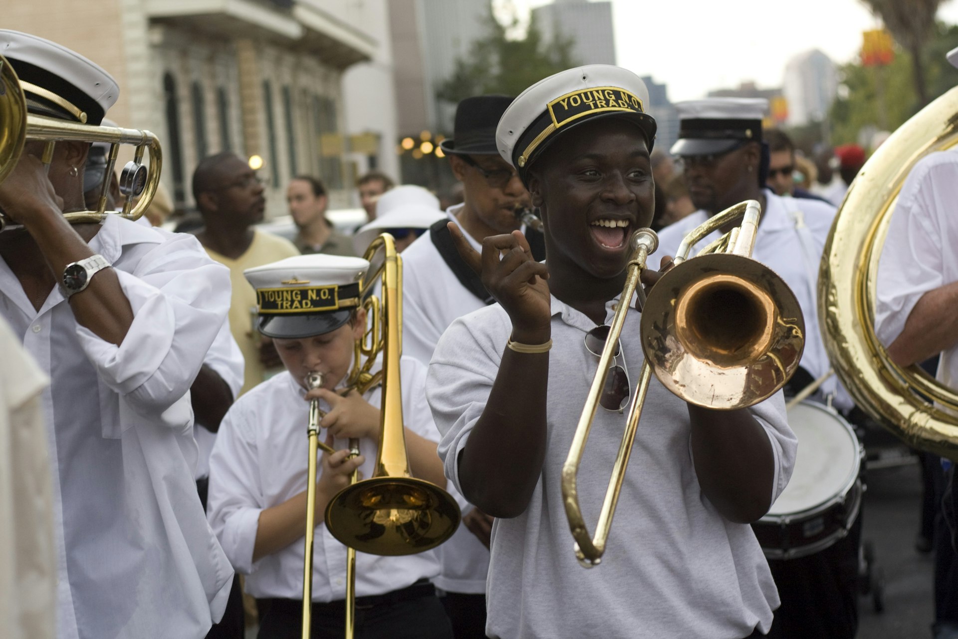 Black Men of Labor parade with Young New Orleans Traditional Brass Band performing.