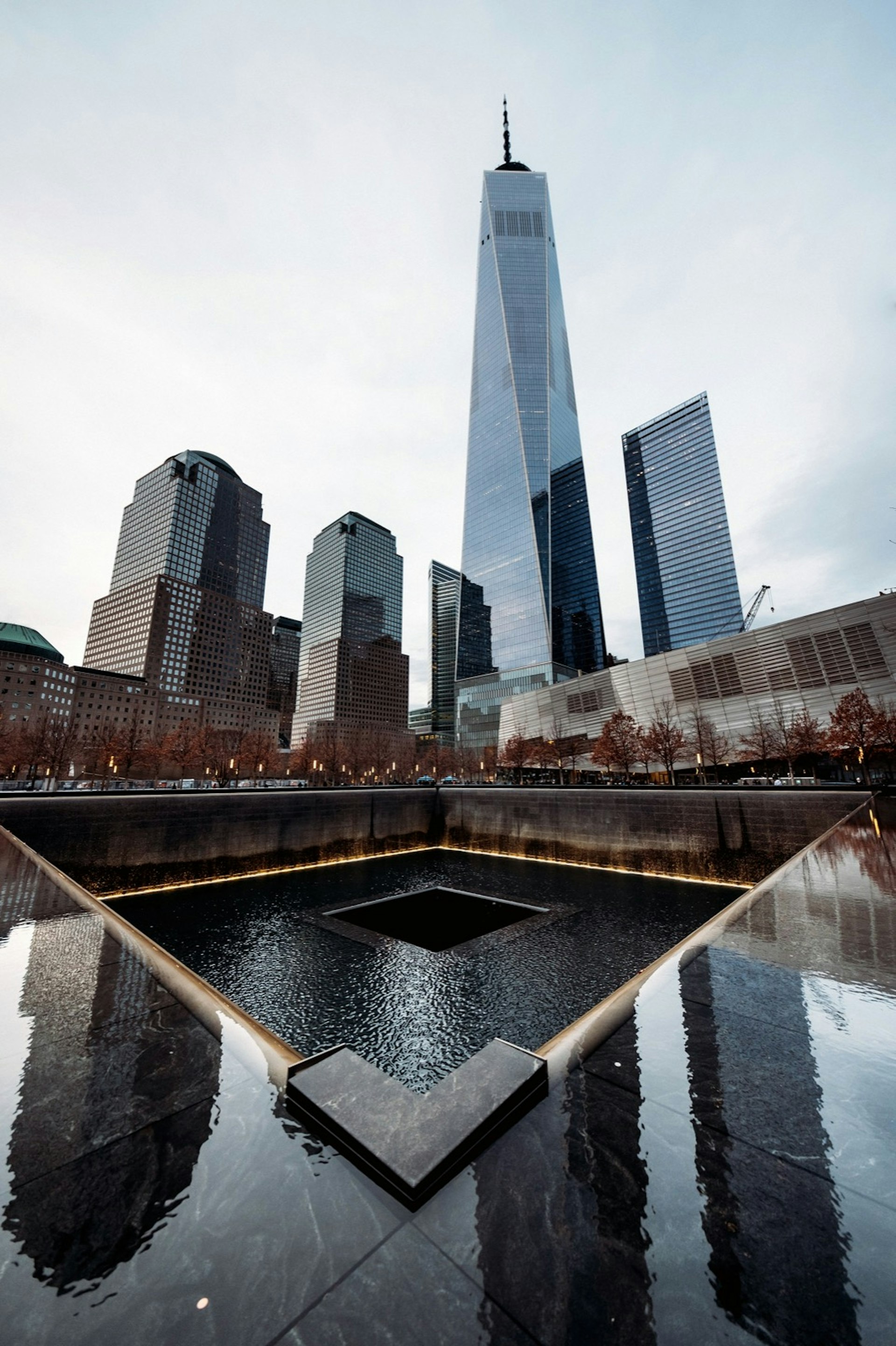 One World Trade Center and National September 11 memorial waterfalls. It's a major spot of history in the United States.