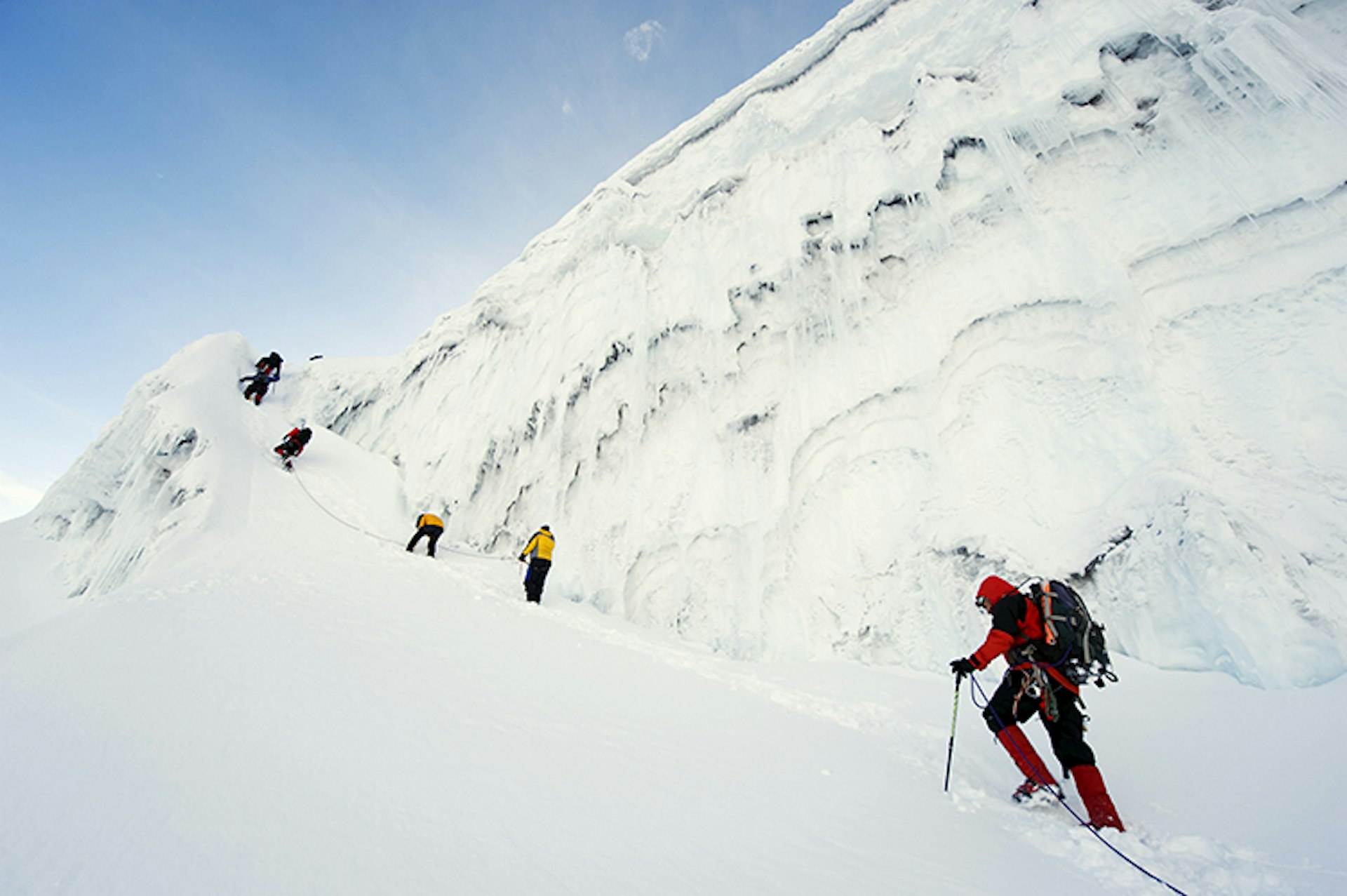Climbers on the glacier of Volcan Cotopaxi, at 5897m the highest active volcano in the world, Ecuador, South America