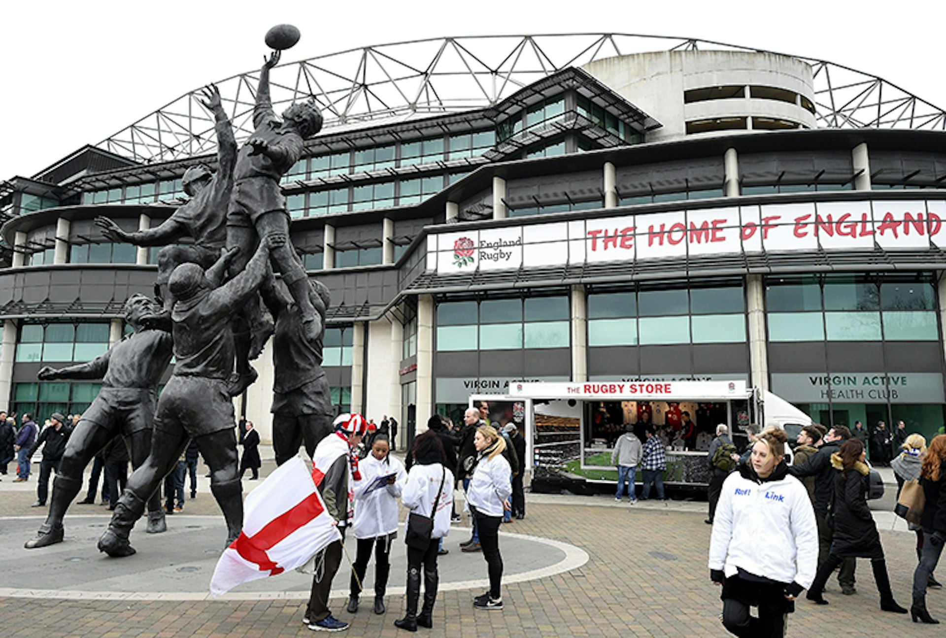 The bronze statue of a line-out by British sculptor Gerald Laing outside Twickenham Stadium