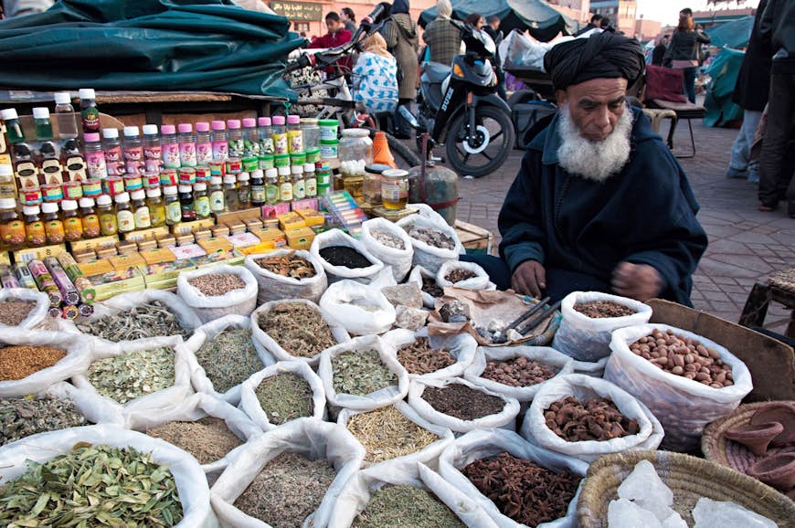 Herbalists sell their wares in the Djemaa El Fna square in Marrakesh, Morocco