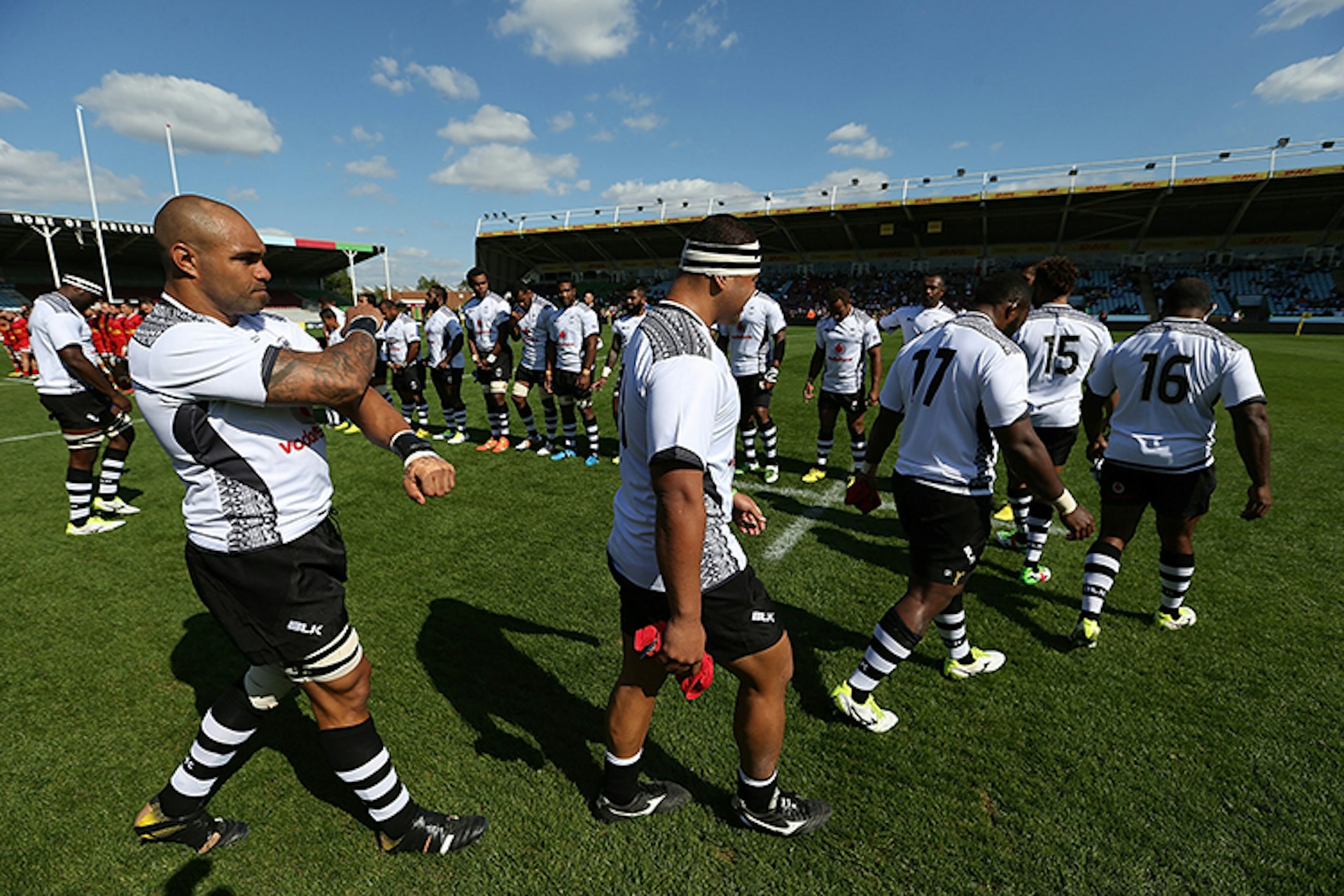 The Fijian rugby team taking part in an international match against Canada in London. 