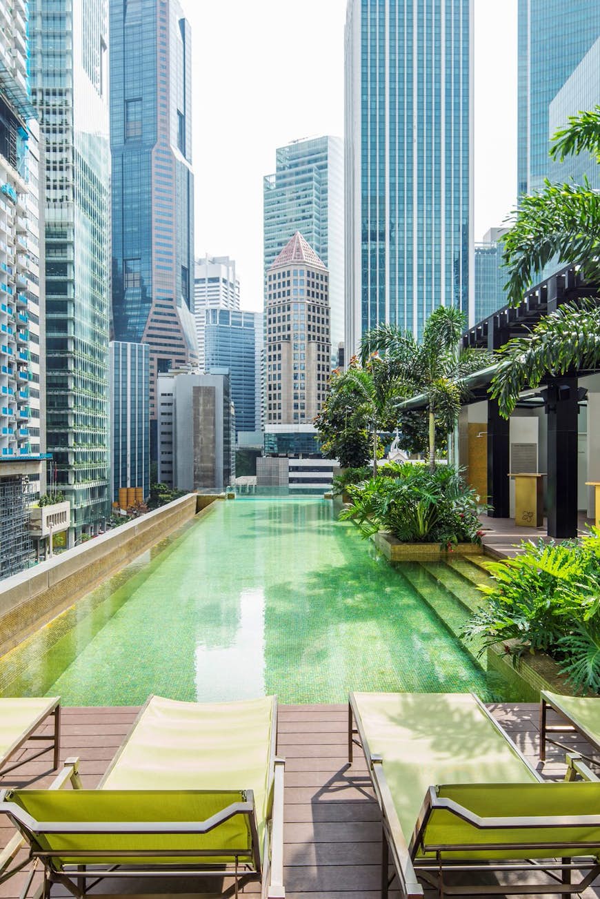 Lounge chairs and palm trees surround a long narrow pool on the Sofitel rooftop, with multiple skyscrapers surrounding © SO Sofitel Singapore