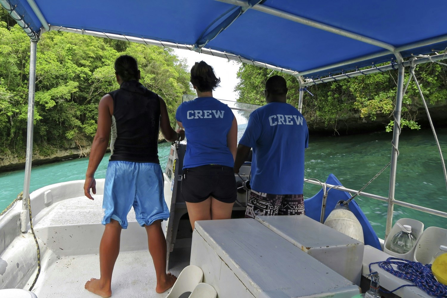 Dive boat with crew of Sam's Tours, the Rock Islands, Palau