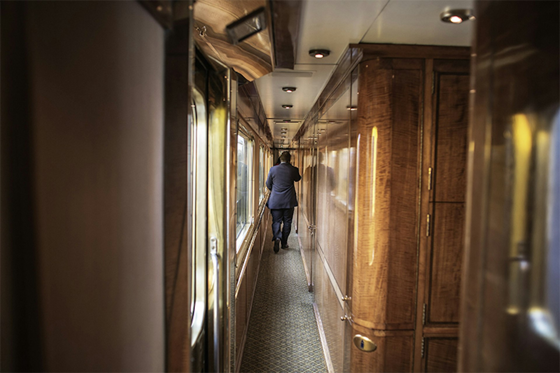 The wood-panelled interior of The Blue Train, South Africa.