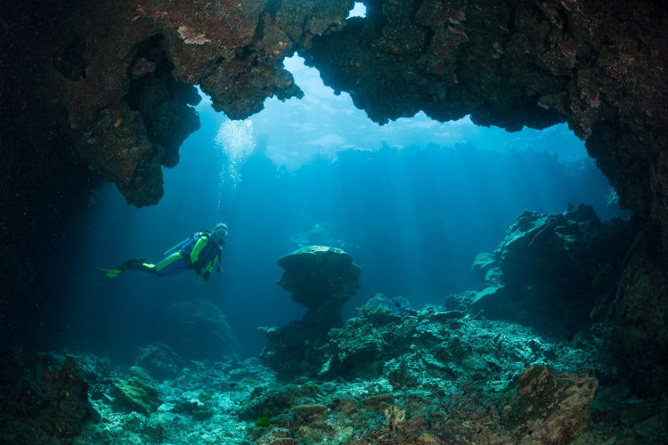 Scuba diving in an underwater cave, Namena Marine Reserve. Image by Reinhard Dirscherl / ullstein bild / Getty Images