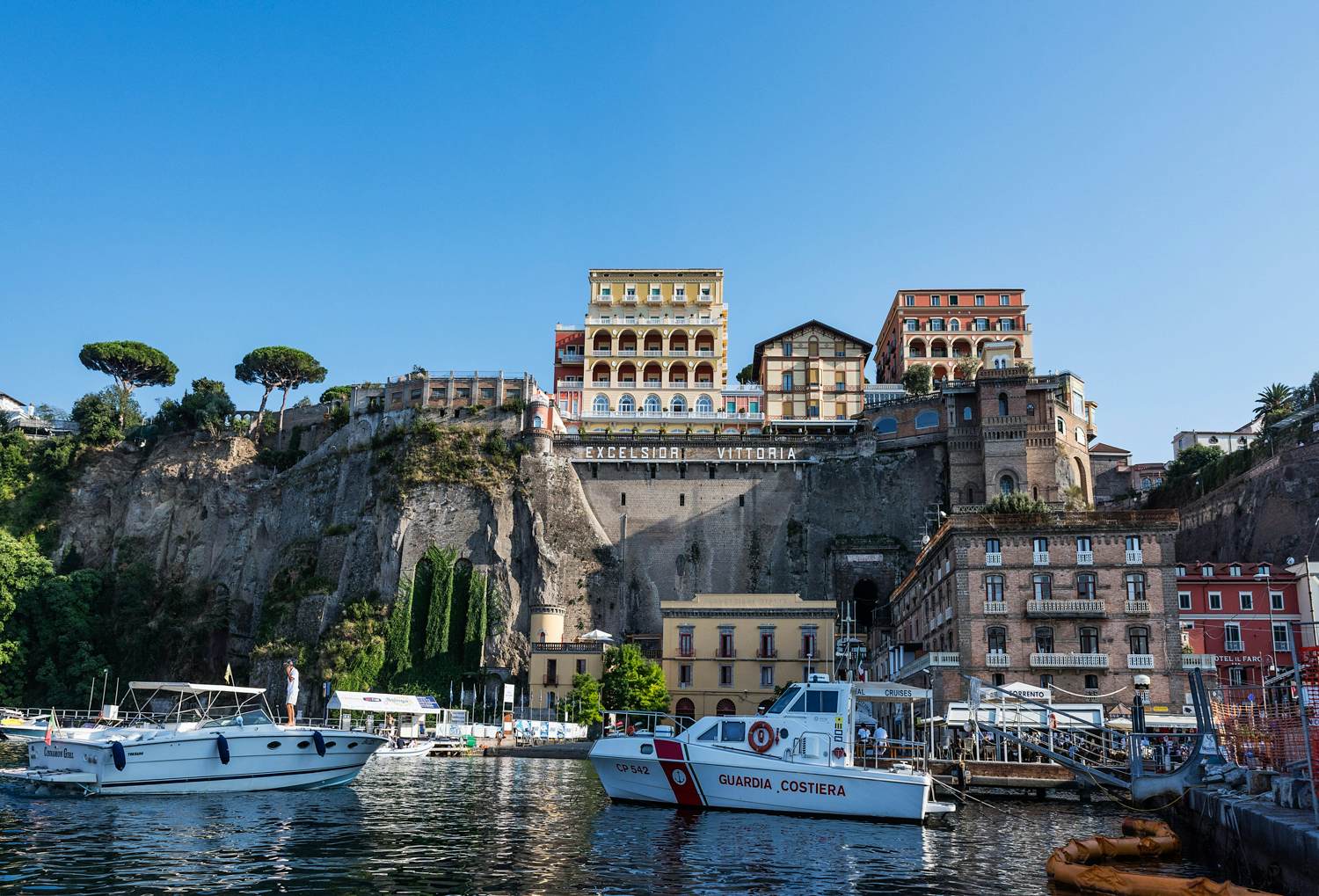 The Excelsior Vittoria sitting atop cliffs in Sorrento, overlooking the Bay of Naples.