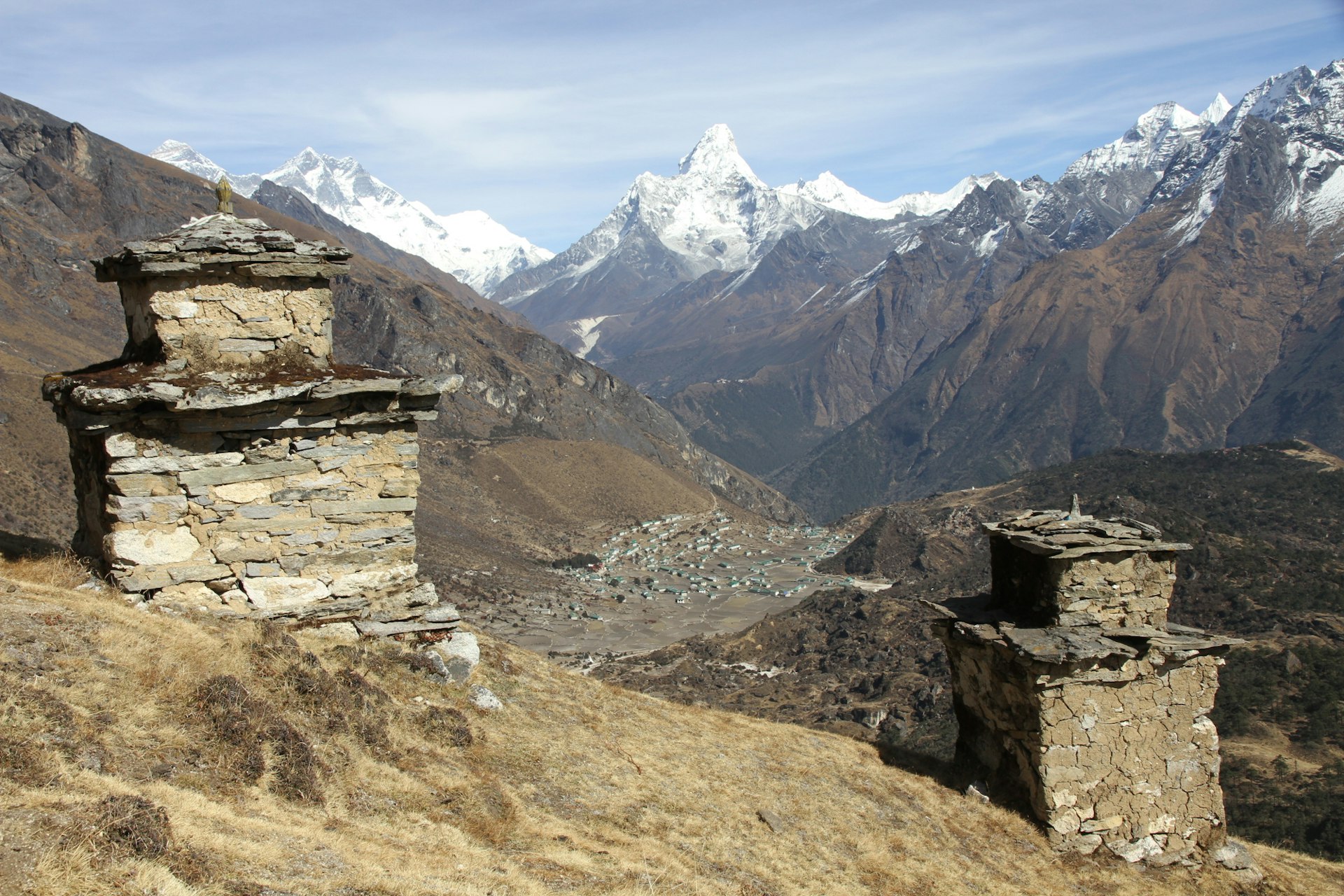 Hillary chortens on the ridge above Kunde. Image by Bradley Mayhew / Lonely Planet