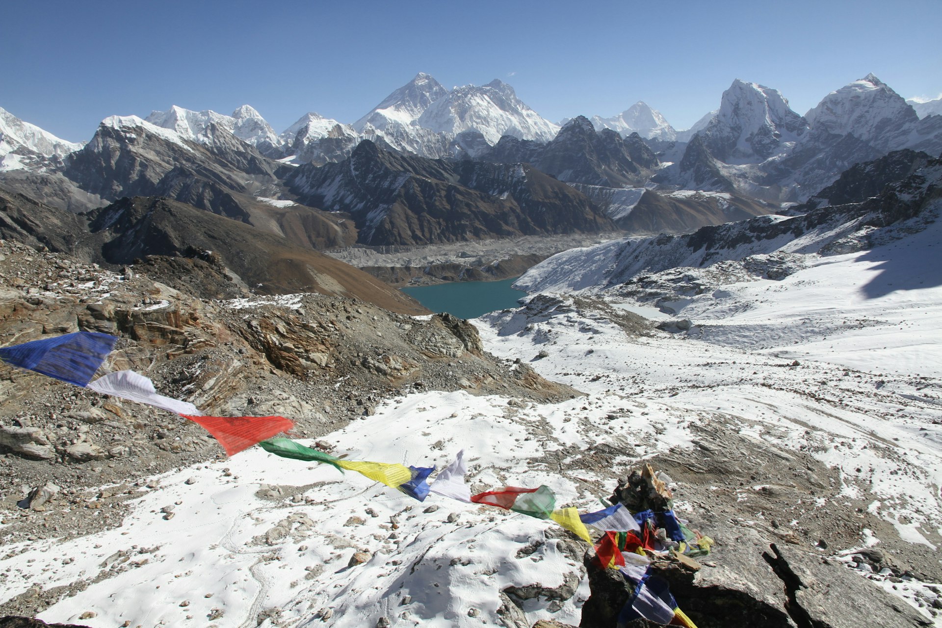 Views over Gokyo lake and Everest from the Renjo La. Image by Bradley Mayhew/ Lonely Planet