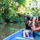 Features - Eco-tourists on boat tour through rainforest.