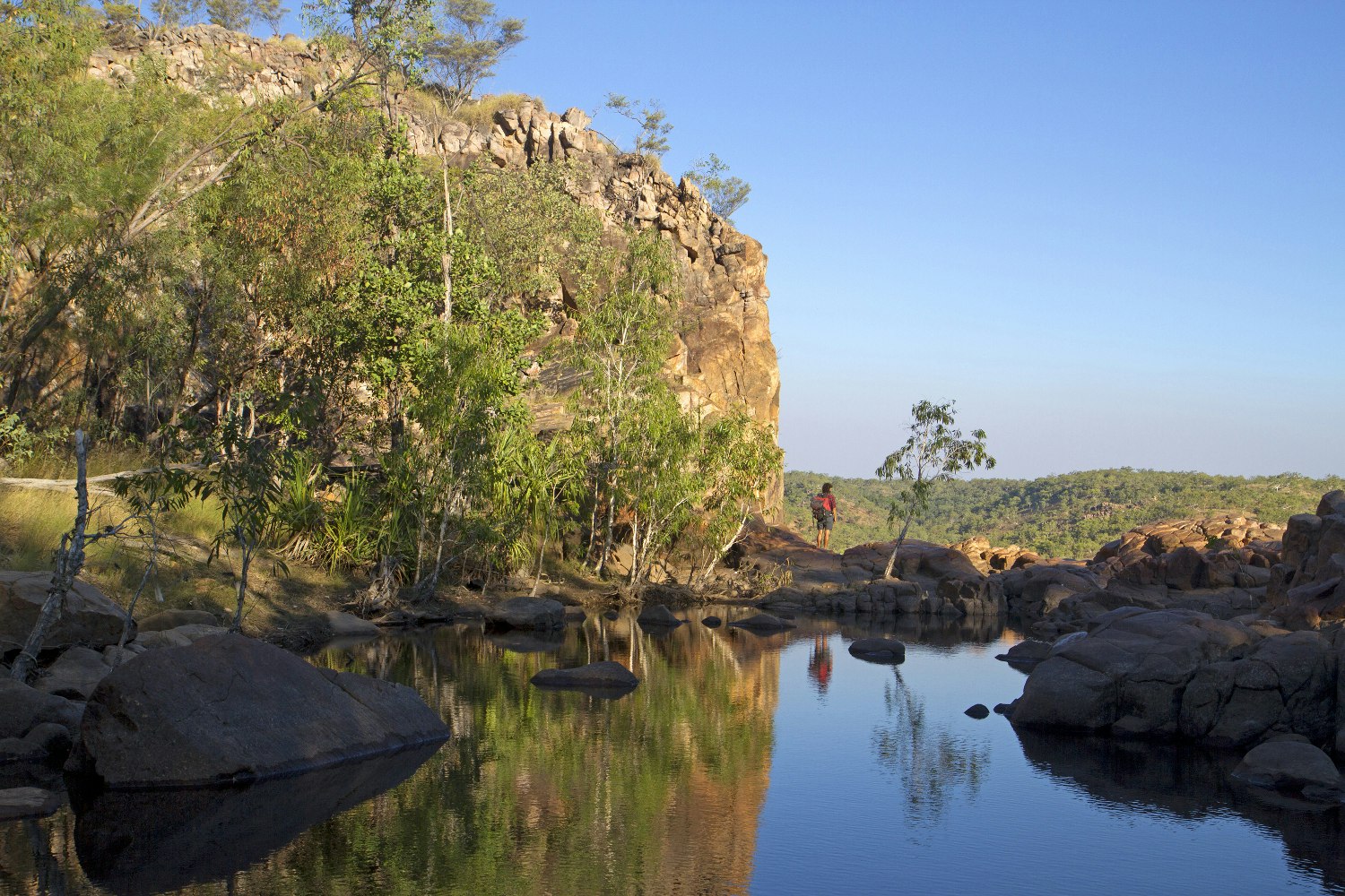 Hiker at the head of 17 Mile Falls along the Jatbula Trail. Image by Andrew Bain / Lonely Planet