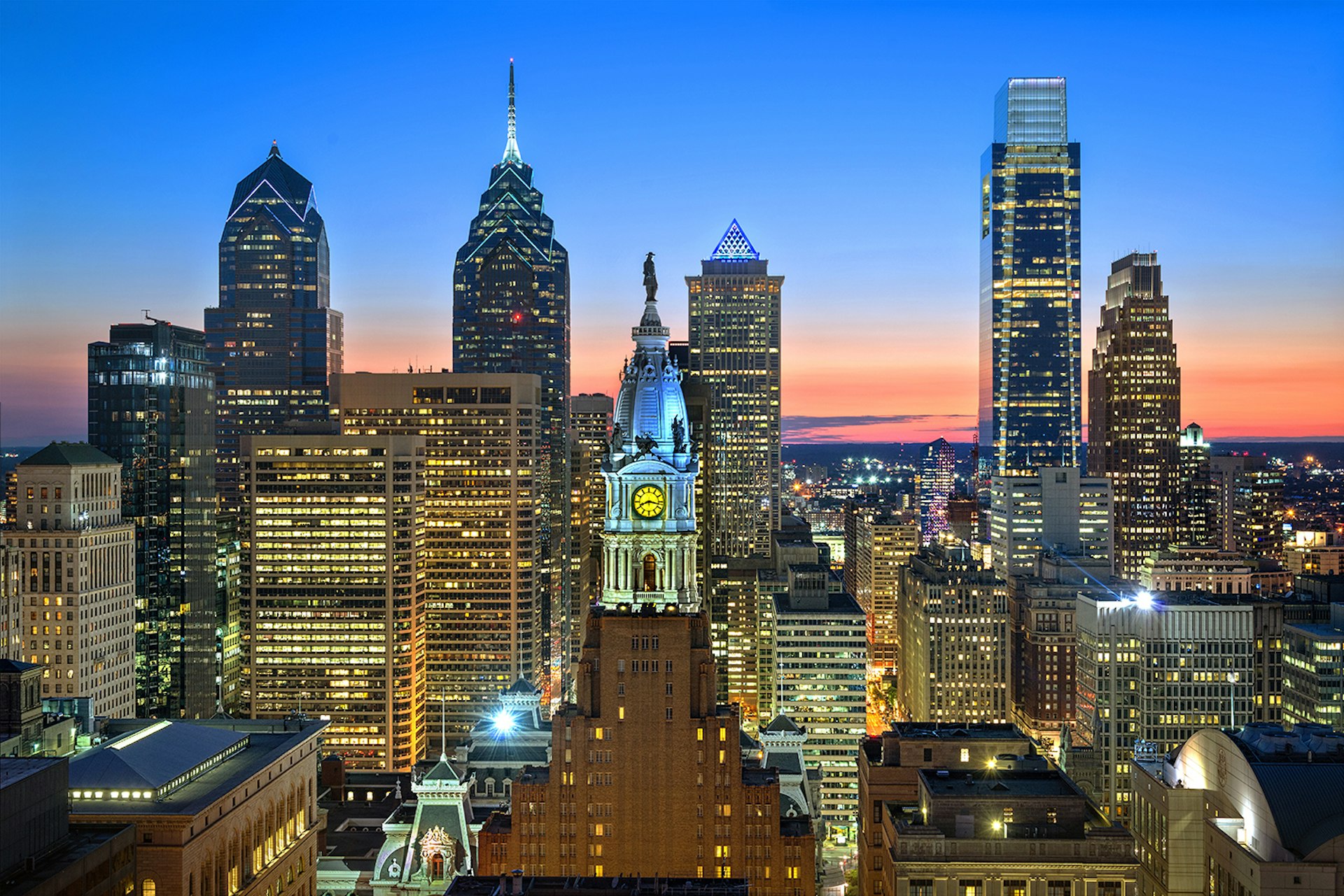 Philadelphia's skyline sparkles after dusk, from iconic City Hall to the tips of the sleek modern skyscrapers. Image courtesy of R. Kennedy / VISIT PHILADELPHIA