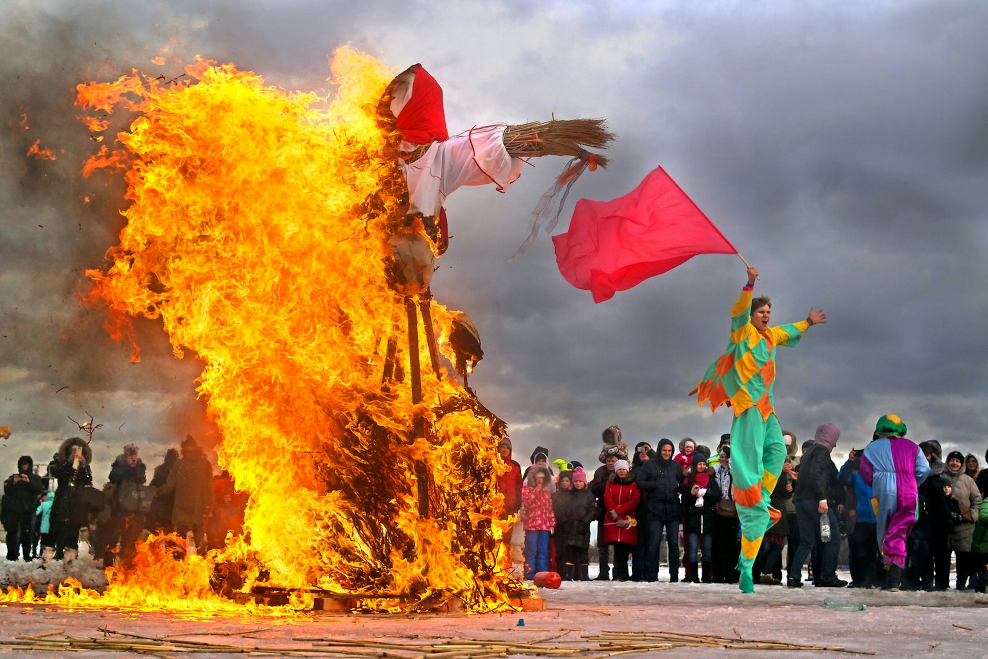 Carnival goers burn dolls to celebrate the arrival of spring as part of Maslenitsa in Russia 