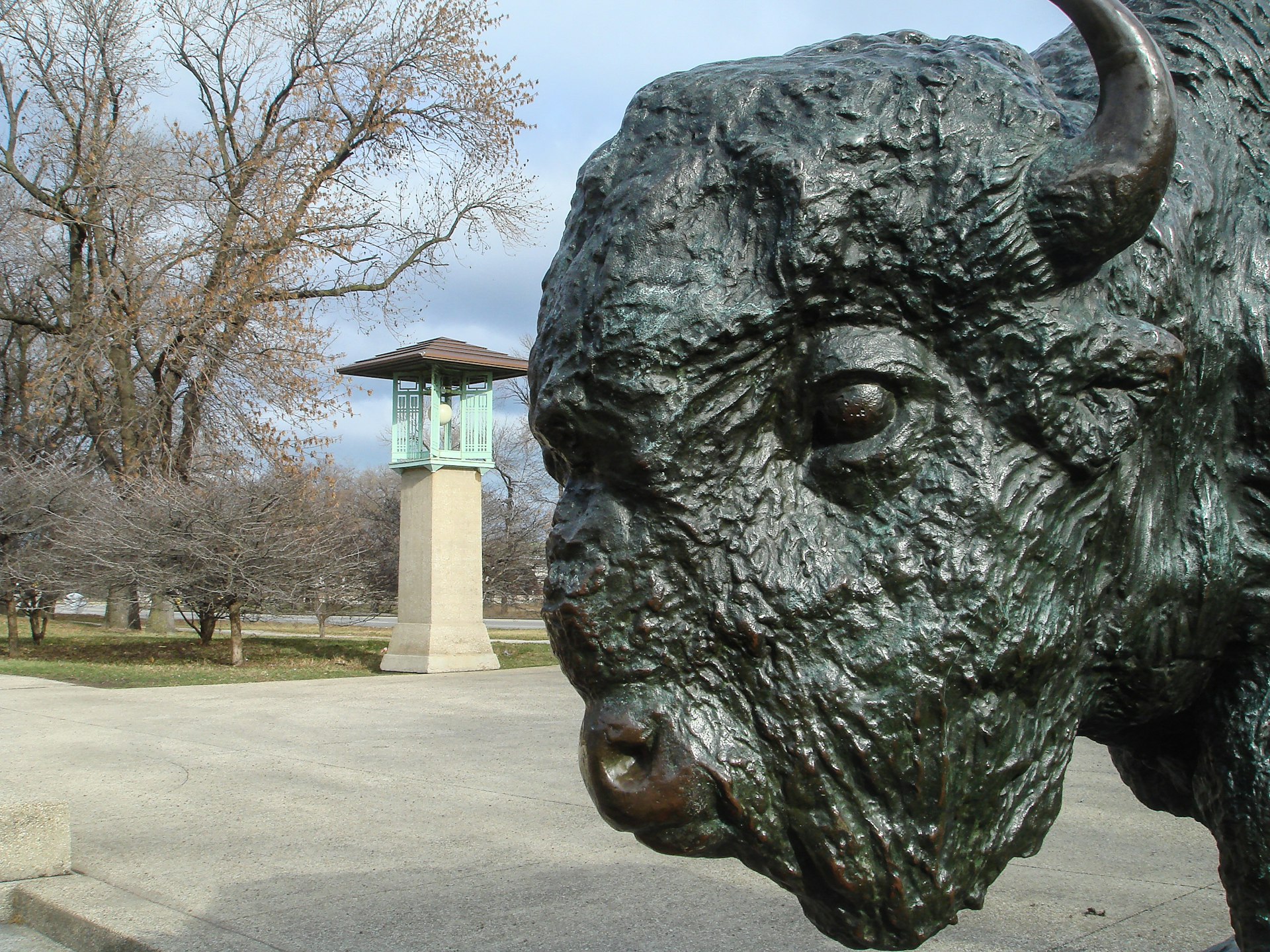 This bronze bison statue, a replica of the original created for the 1893 World's Columbian Exposition, greets visitors at the park's east entrance. 