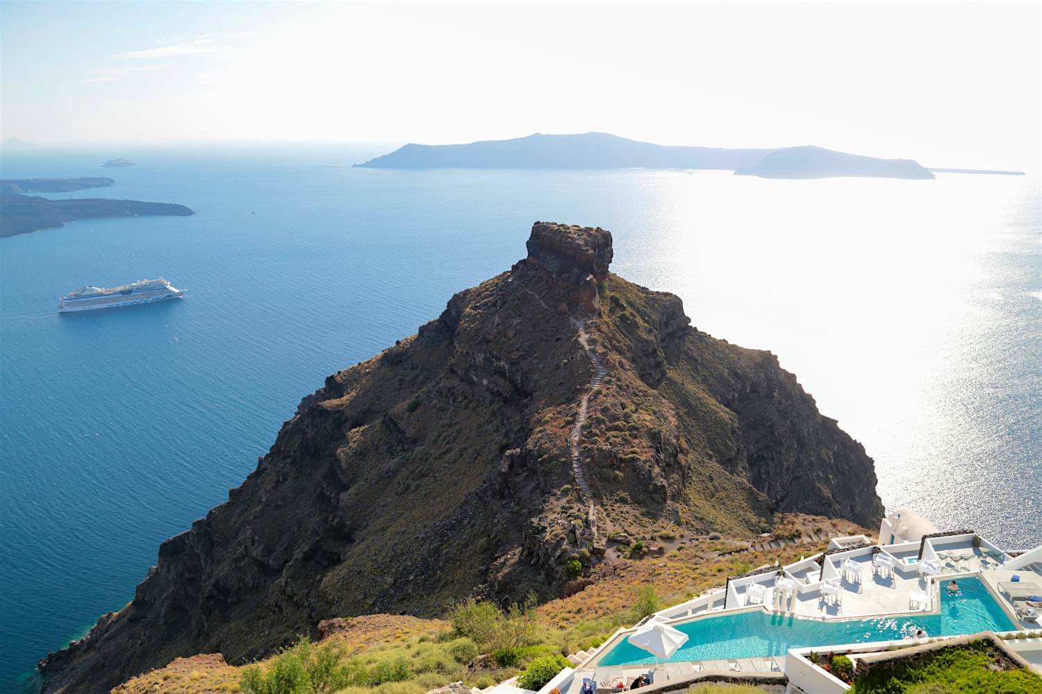 Swimming pool with caldera views in Imerovigli village, Santorini.