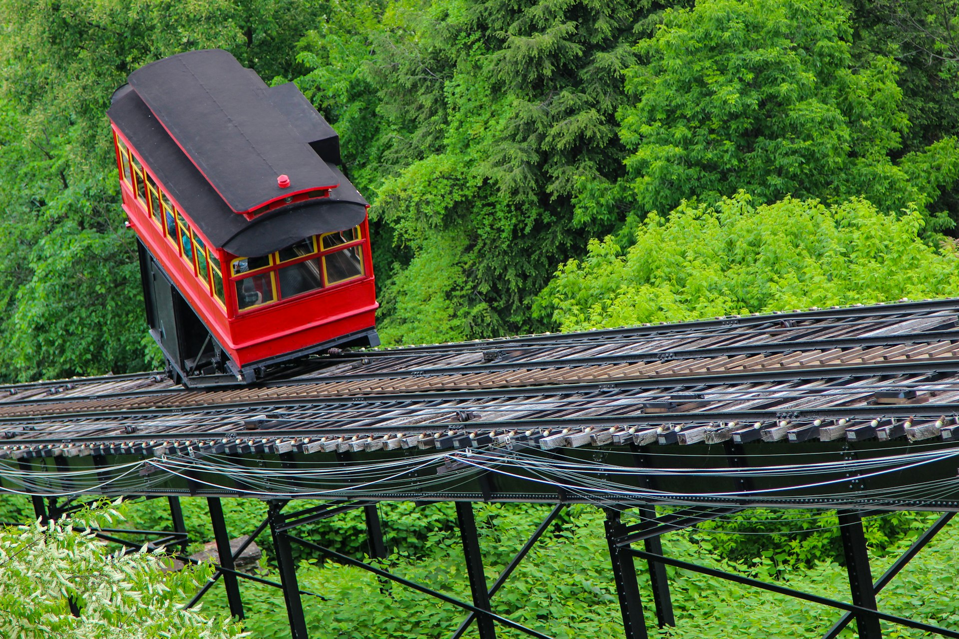 Looking down on the inclined tracks of the Duquesne Incline from a viewing platform atop Mount Washington.