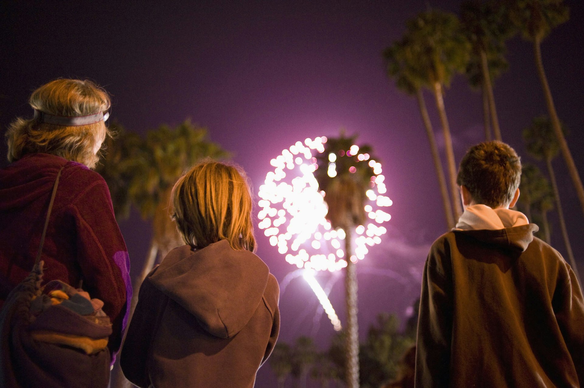 Fourth of July fireworks along the beach in Santa Barbara.