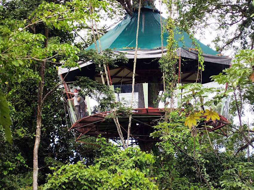 Personas de pie en una casa en el árbol en el Observatorio de la Naturaleza, Costa Rica