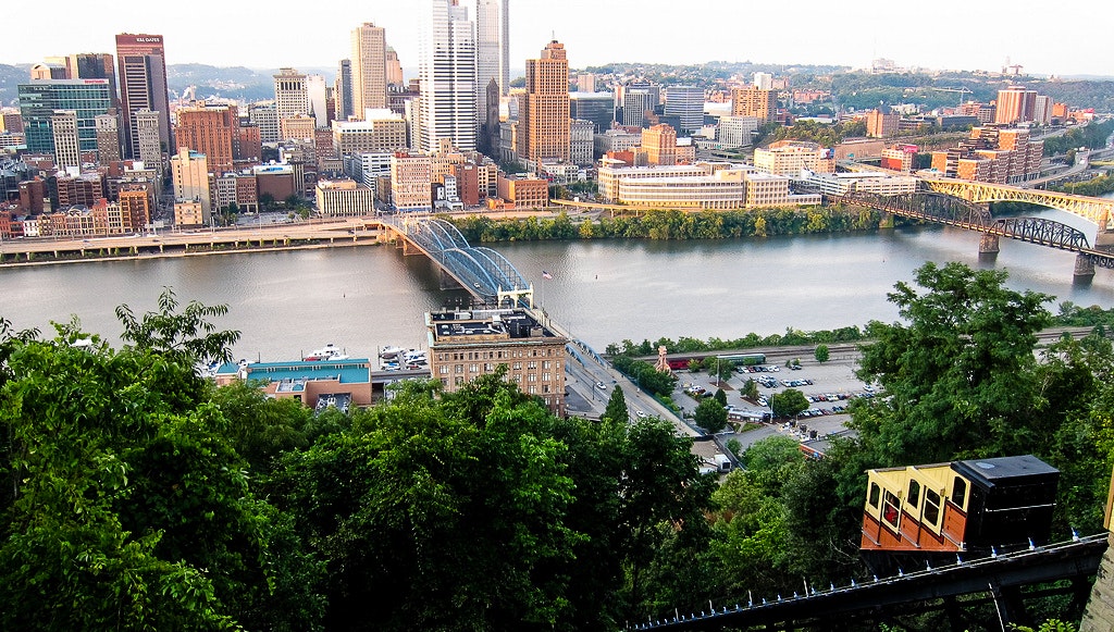 A view of the Pittsburgh skyline and the city's funicular