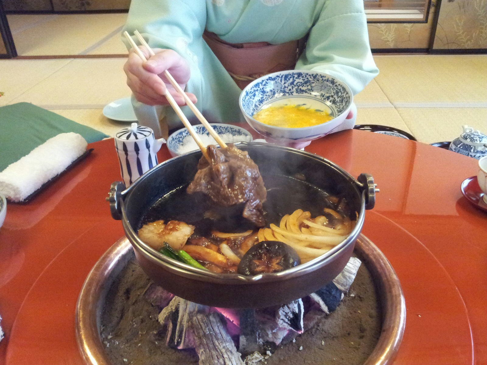 Beef sukiyaki prepared at the table at Wadakin