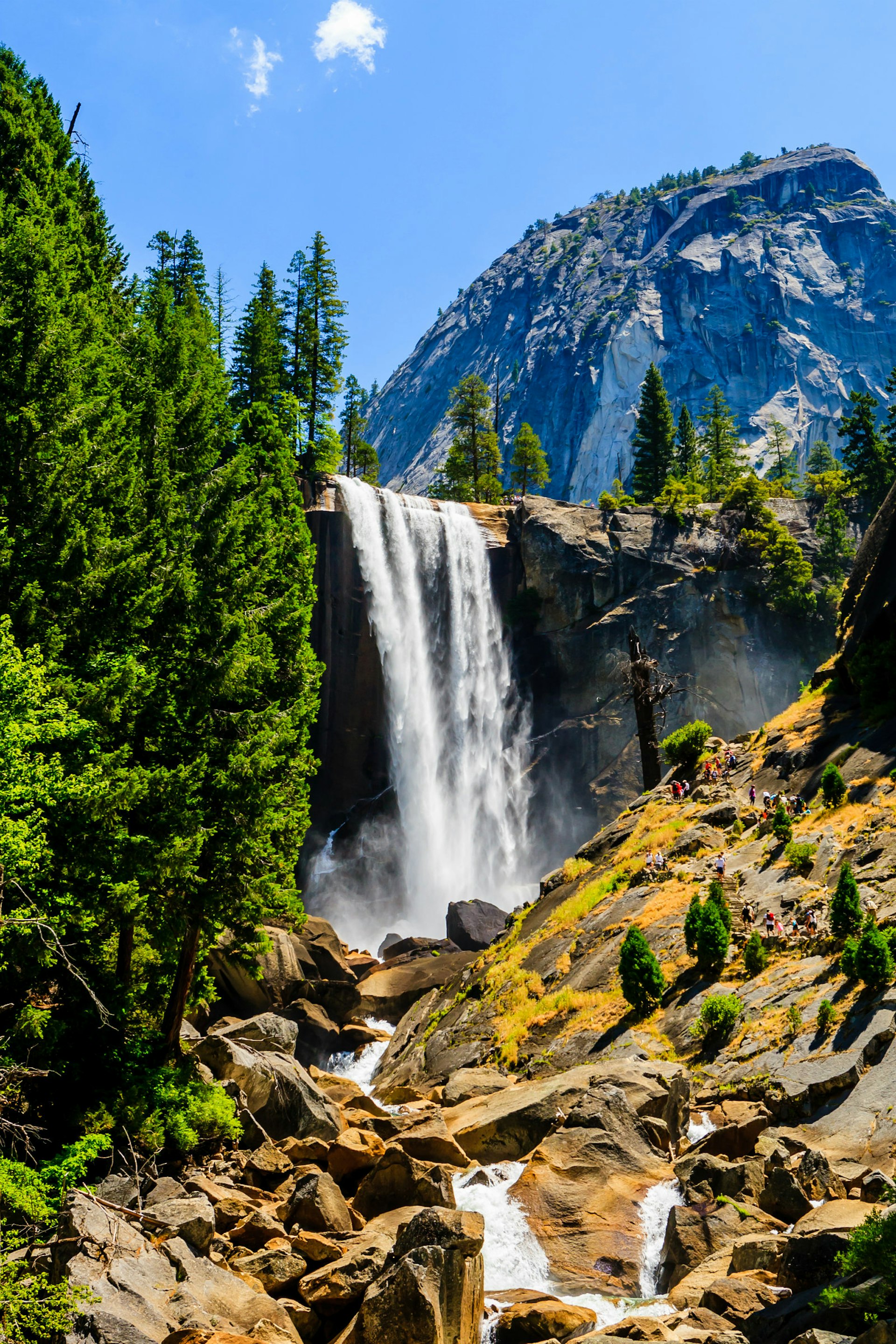A beautiful waterfall flows over giant boulders with a mountain rising up behind. National Parks: The best free things to do in the US parks