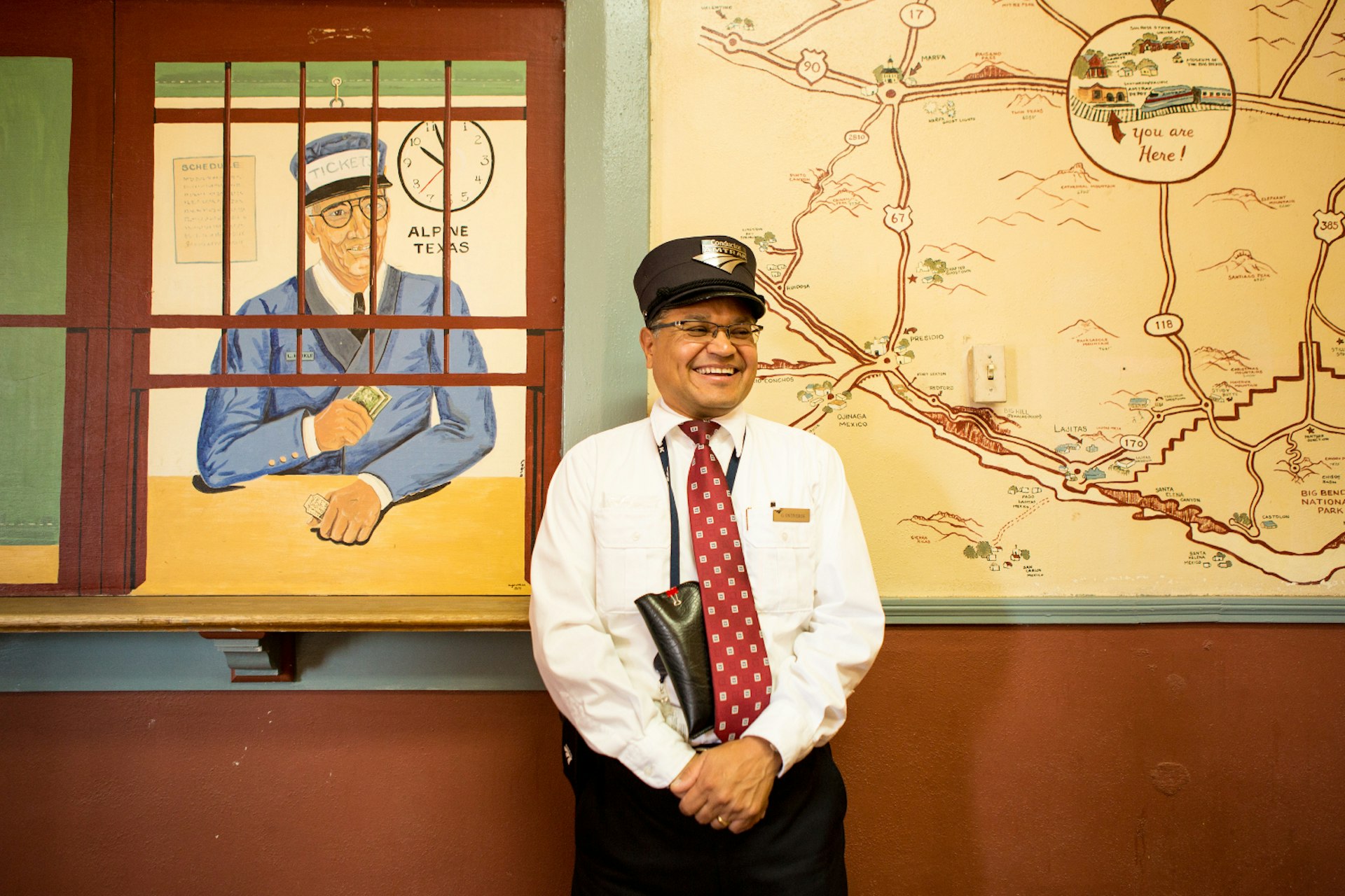 Gerrado Ontiveros, train conductor, at the Alpine, TExas Amtrak station.