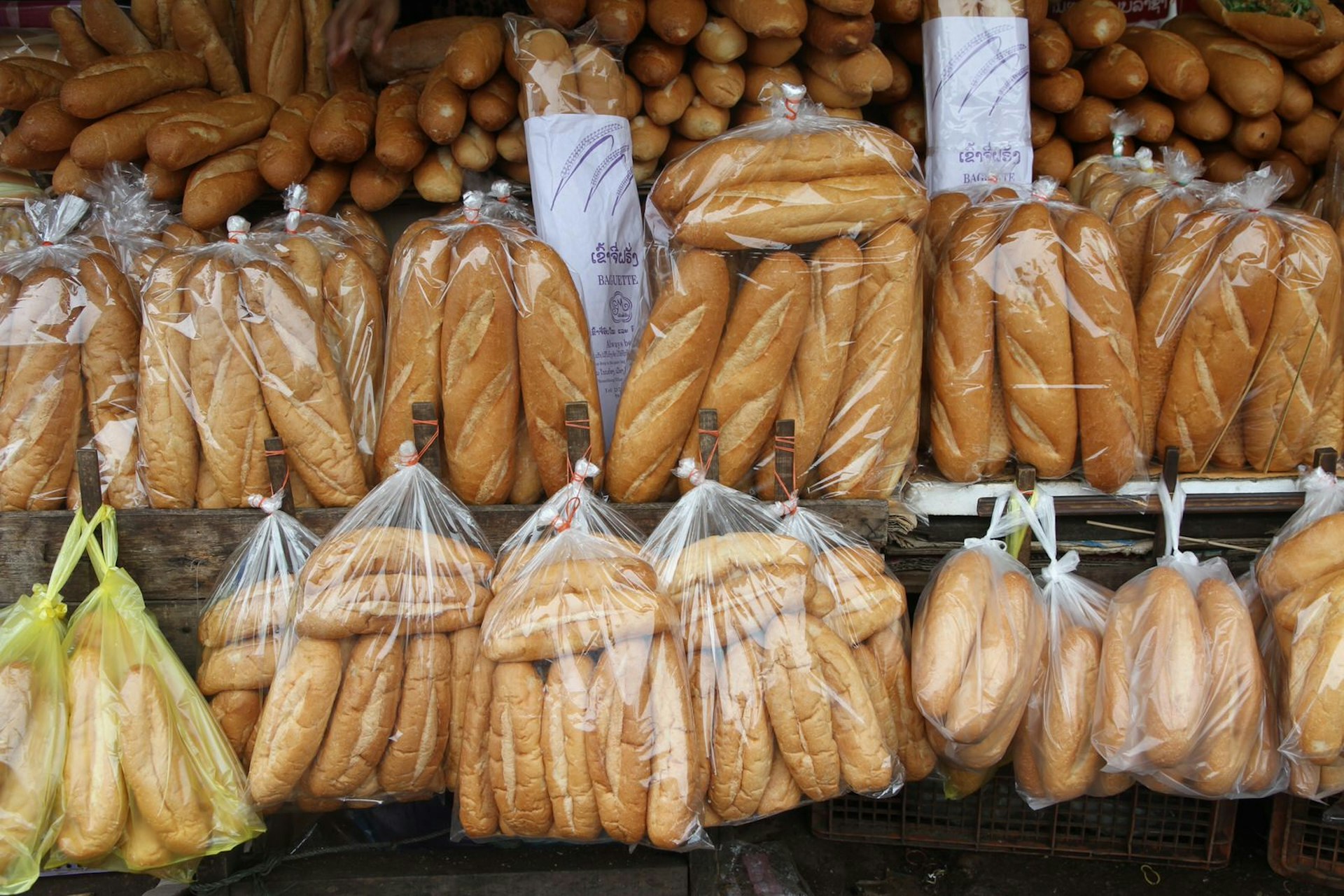 Baguettes for sale at a local market in Vientiane