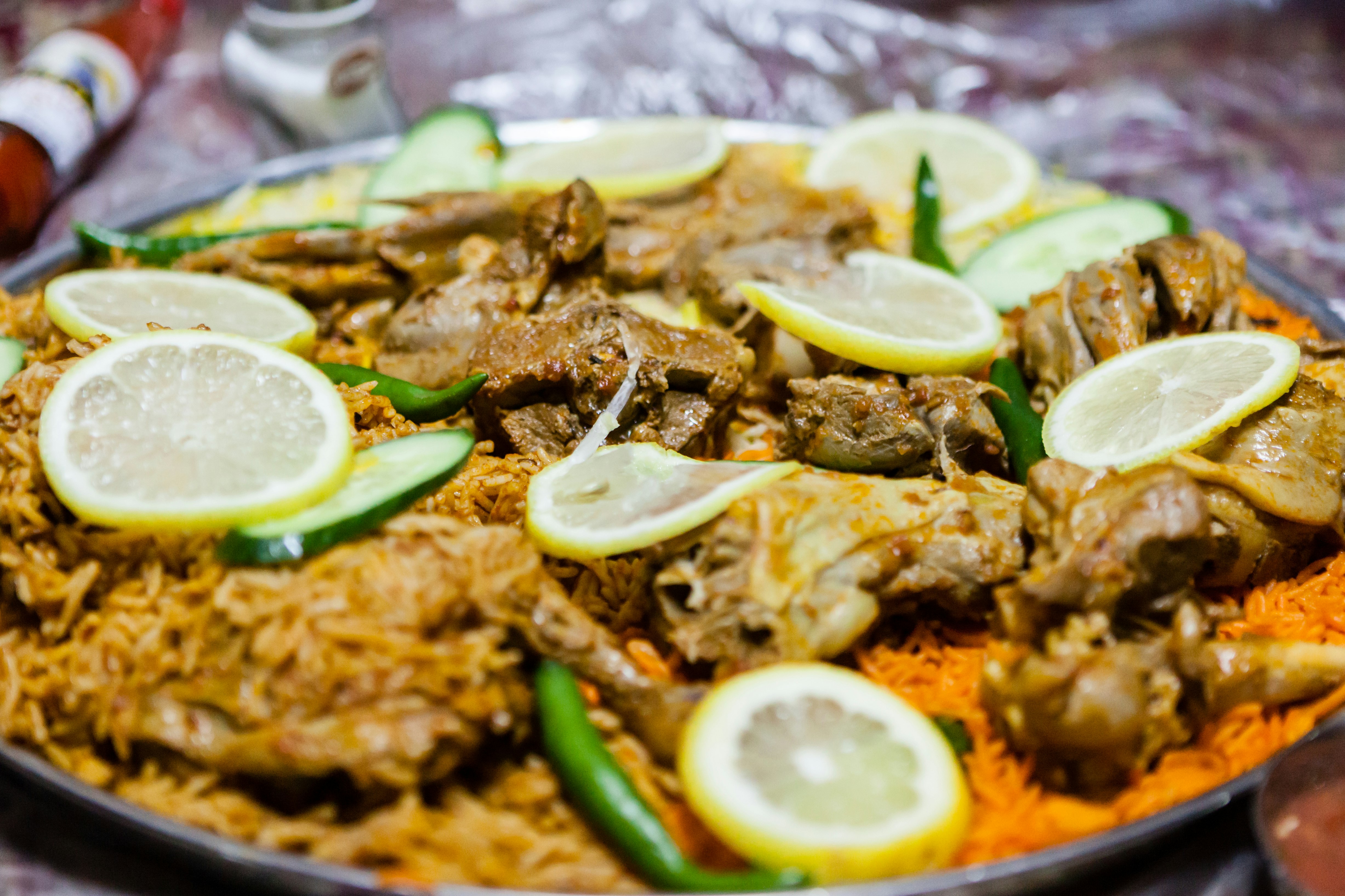 A platter of lamb salona and chicken mandi at Al Tawasol in Dubai, United Arab Emirates