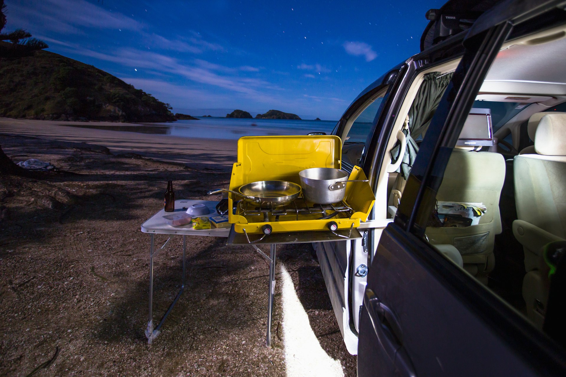 Beachfront free camping in a campervan in Northland New Zealand