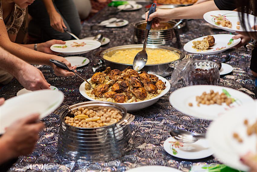 Emirati food is served in the majlis at the Sheikh Mohammed Centre for Cultural Understanding in Dubai, United Arab Emirates
