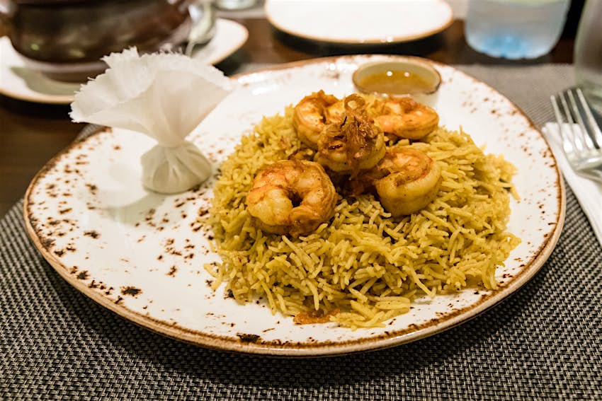 Dish of prawn fouga (bezar spices cooked together with perfumed stock) at Seven Sands in Dubai, United Arab Emirates