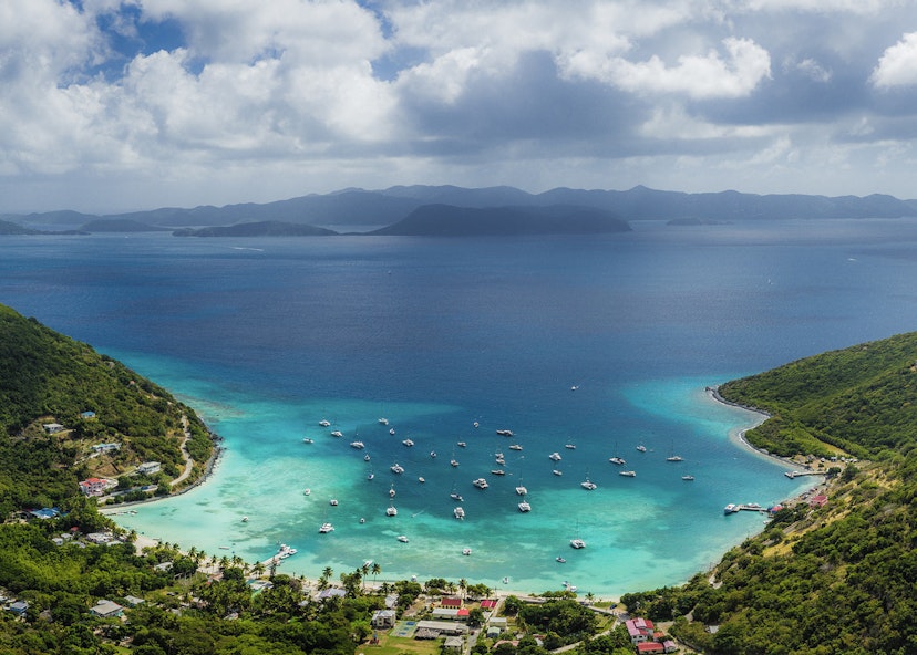 British Virgin Islands, Jost Van Dyke, Great Harbour, elevated view from Majohnny Hill
