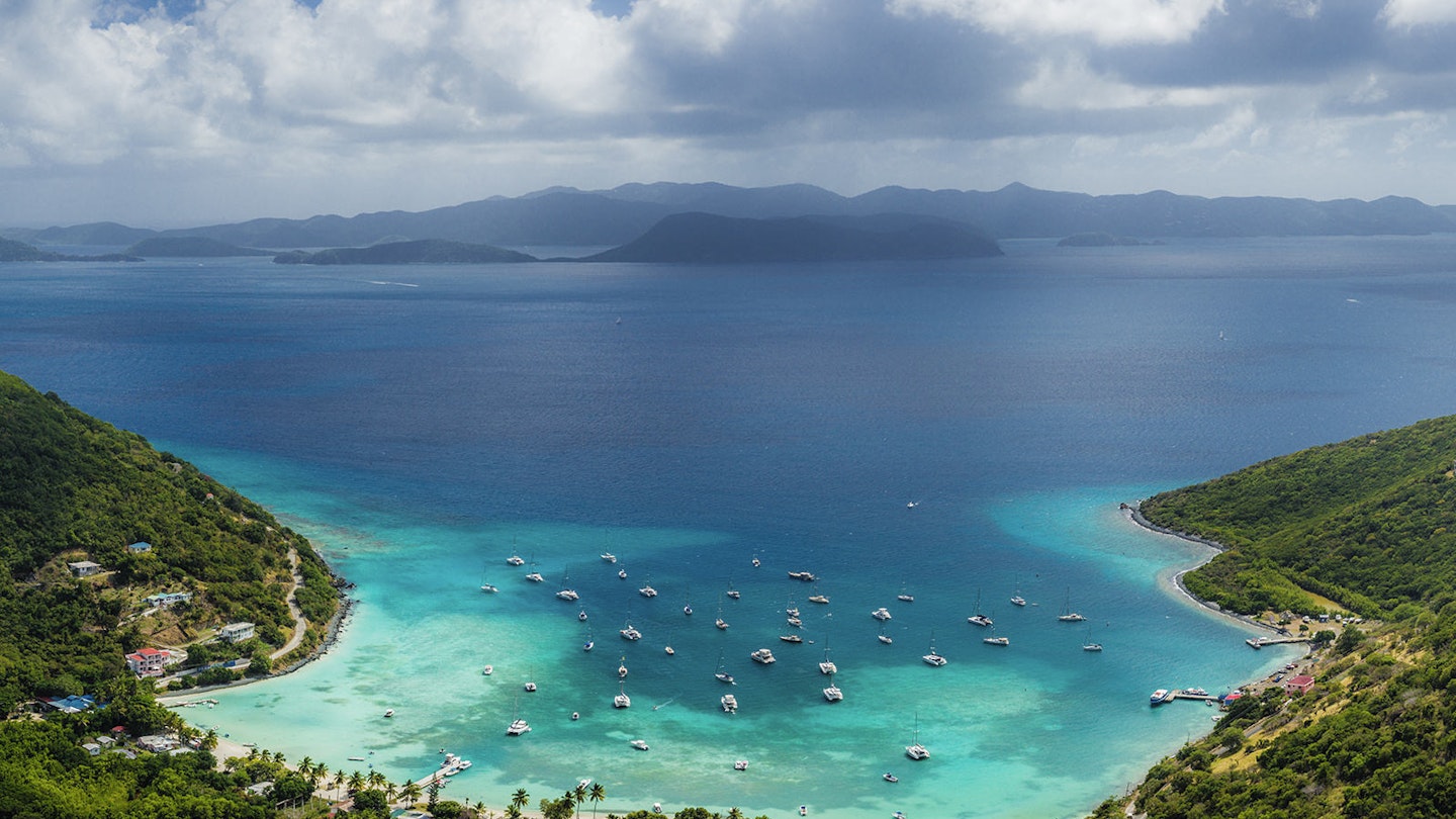British Virgin Islands, Jost Van Dyke, Great Harbour, elevated view from Majohnny Hill