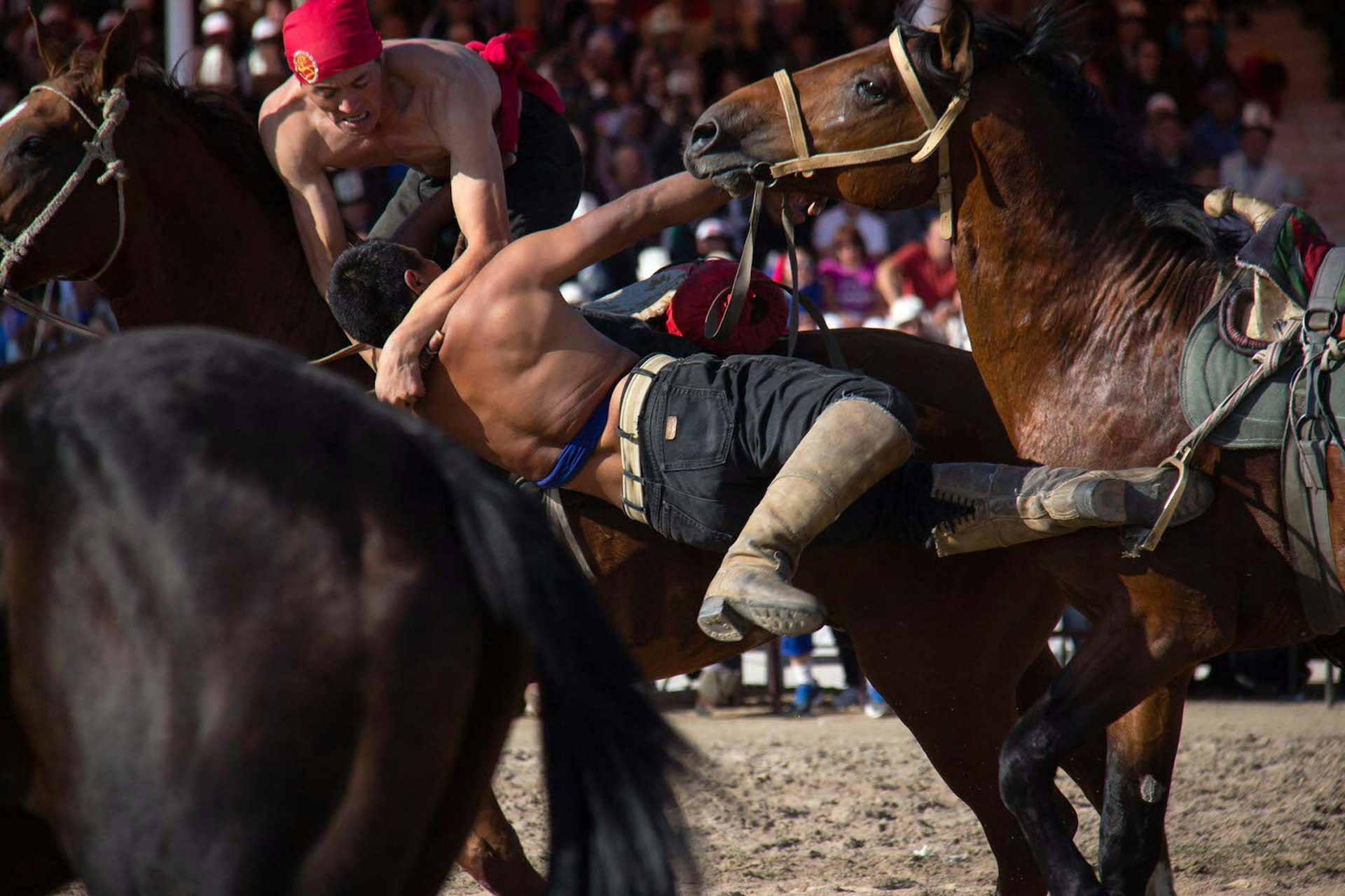 Horse wrestling riders compete during Er Enish competitions at the 2014 World Nomad Games in Kyrgyzstan © Stephen Lioy / Lonely Planet