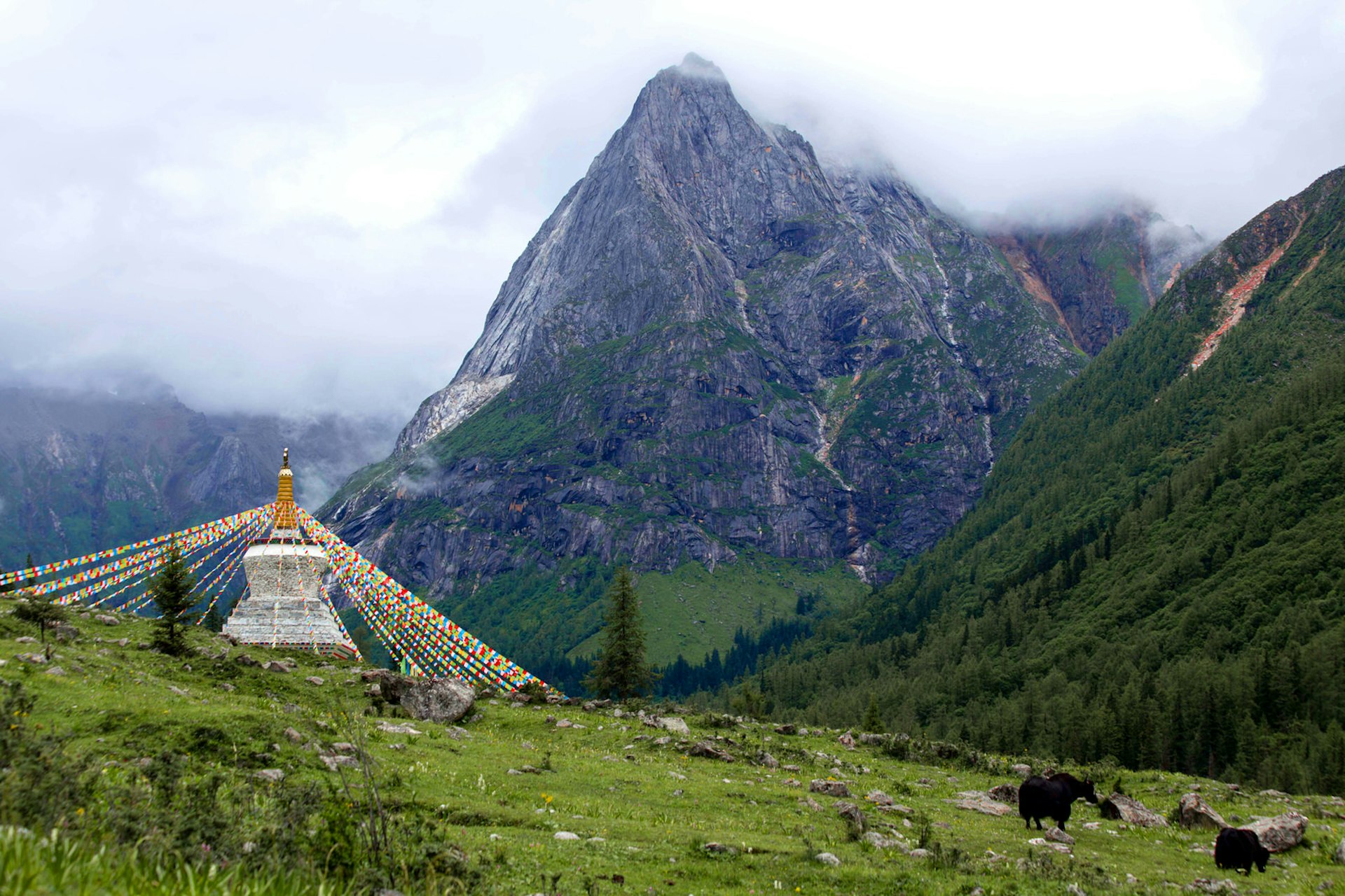 Tibetan Buddhist stupas are dotted all over Four Sisters Mountain © Stephen Lioy / Lonely Planet