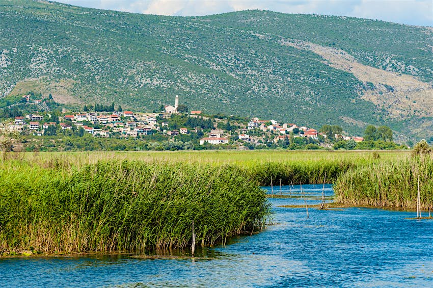 The wetlands of Vid: a river winds through bullrushes, while in the background the town clings to the bottom of a green mountainside. 