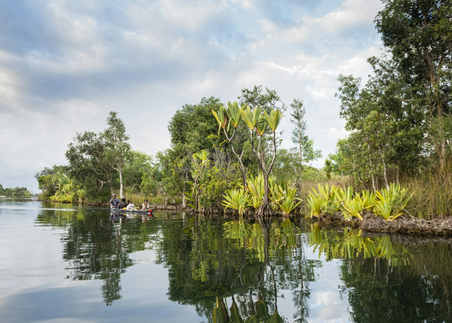 A wooden pirogue floats down a channel of the Pangalanes Canal system © Justin Foulkes / Lonely Planet