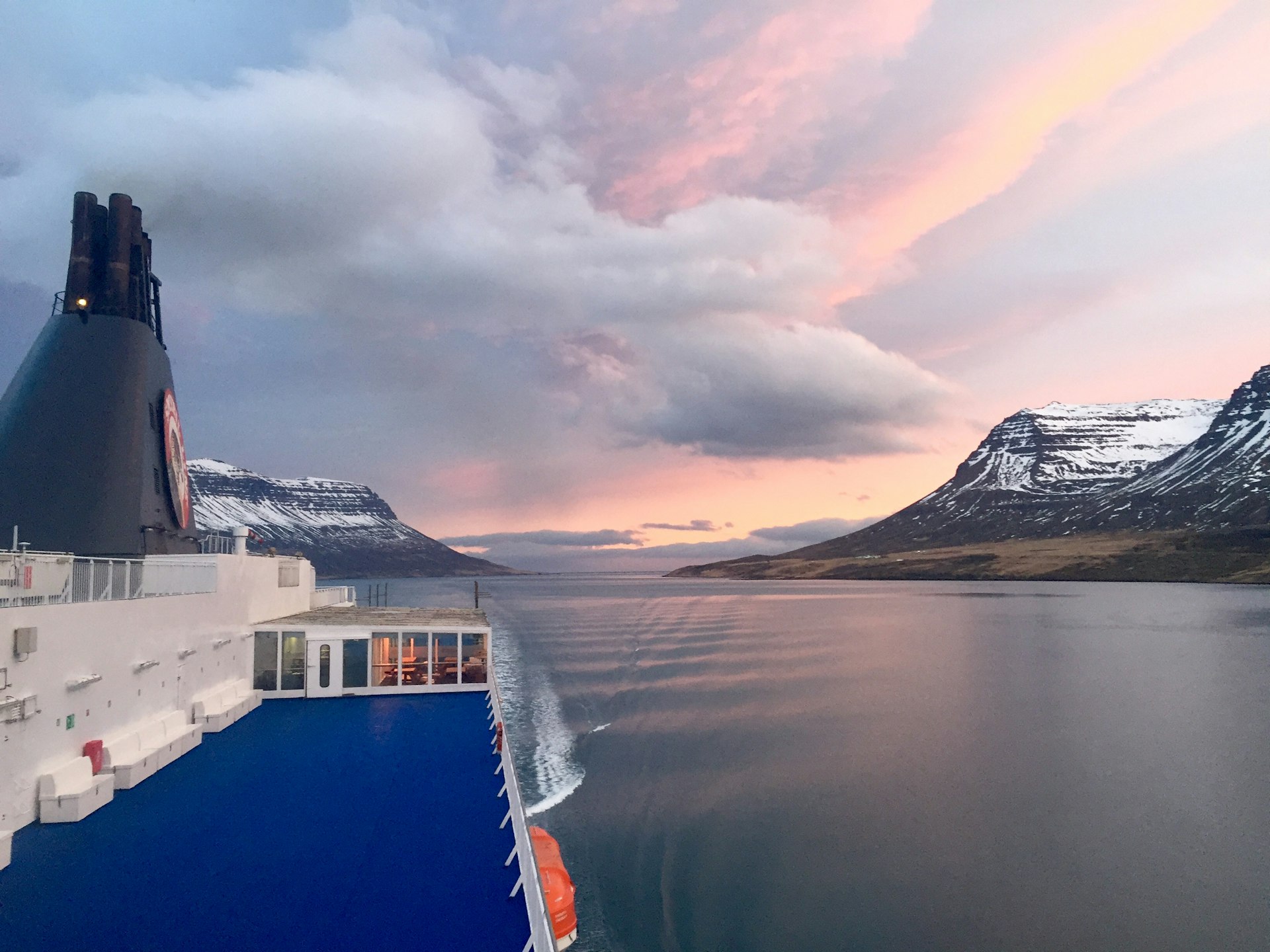 Views from the Norröna ferry deck as it sails into Seyðisfjörður