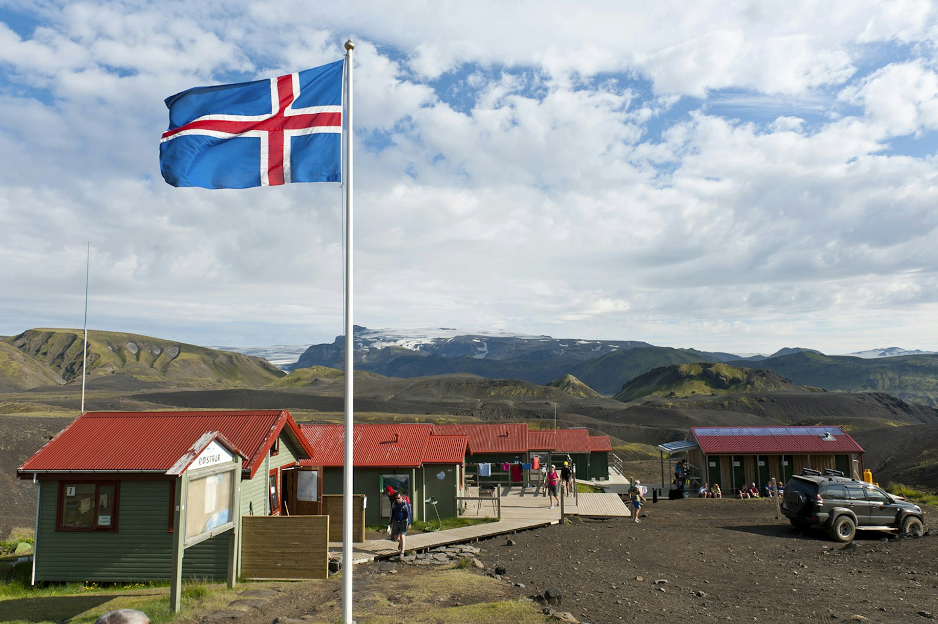 Features - Icelandic National Flag, Emstrur - Botnar Hut at the Laugavegur hiking trail, Rangarping ytra, Iceland, Scandinavia