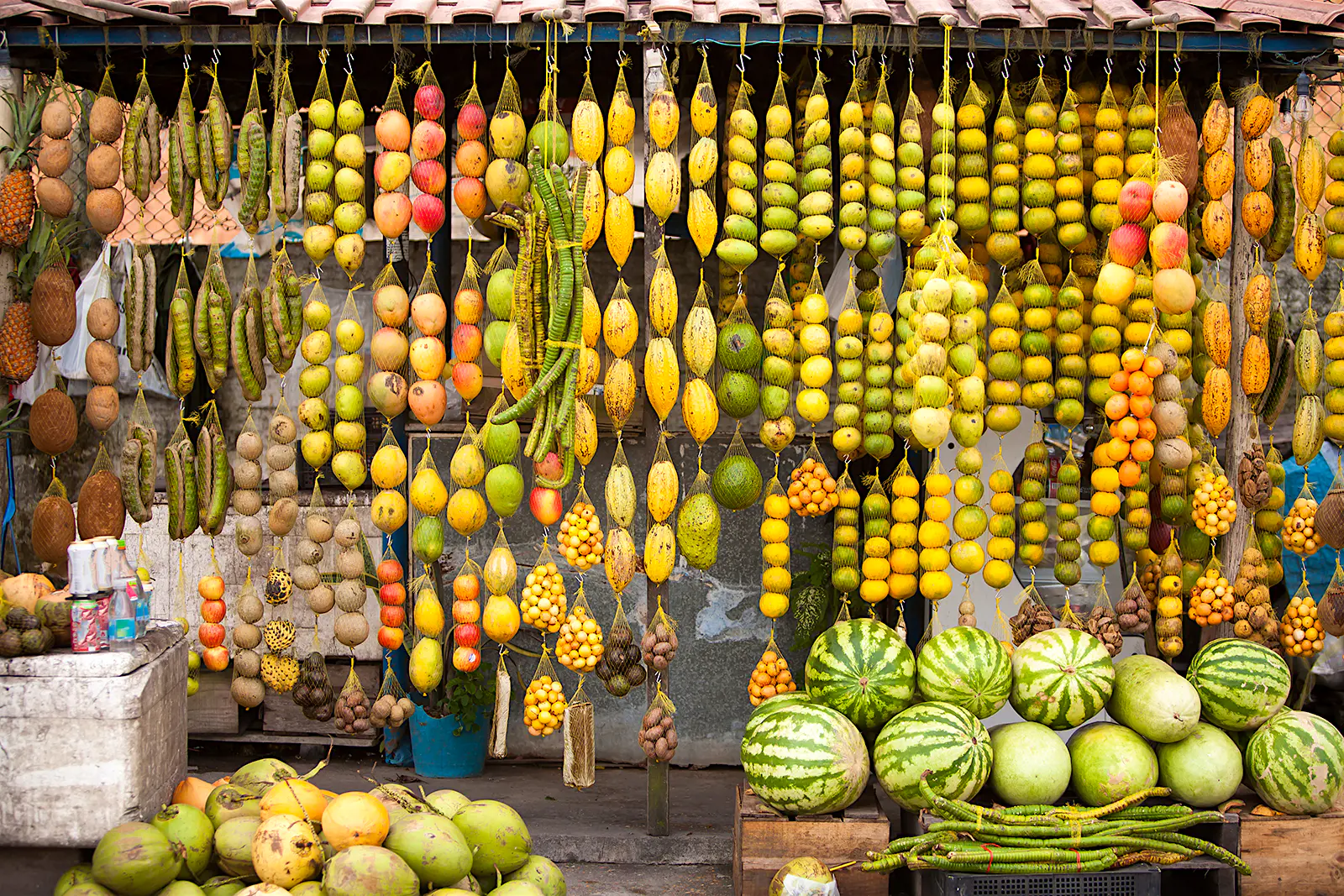 Features - Amazonic traditional fruits on road shop Green, yellow and red fruits hang from the roof of a roadside market in the Amazon. South America.