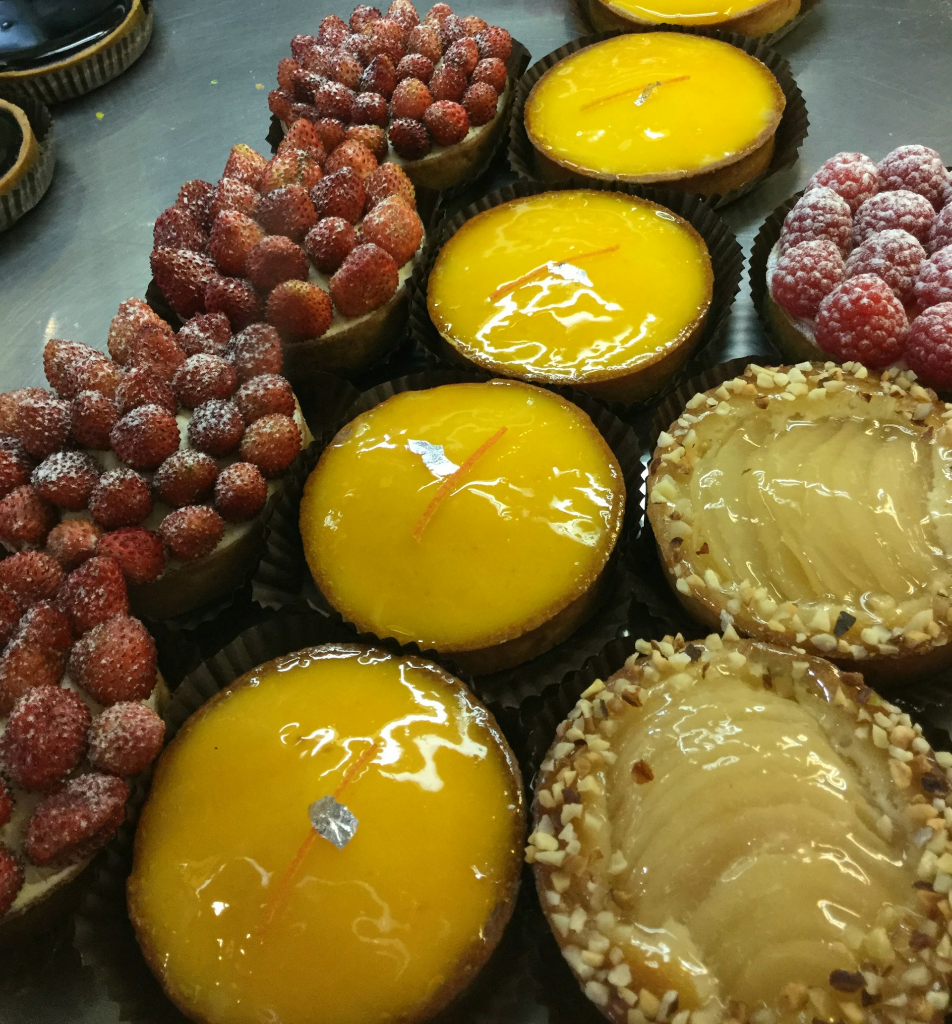 A selection of tarts of sale in the Stohrer patisserie, Paris