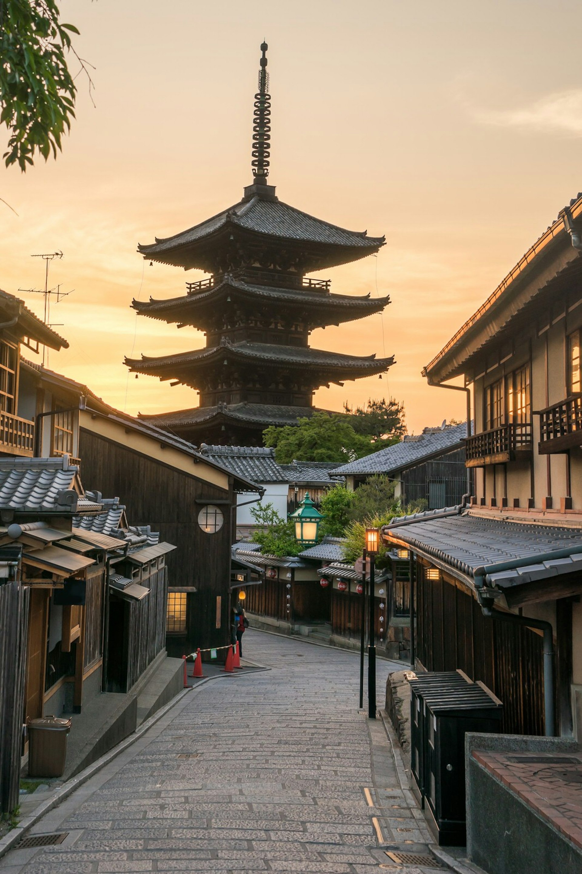 Yasaka pagoda looks over a Gion street at dusk in Kyoto