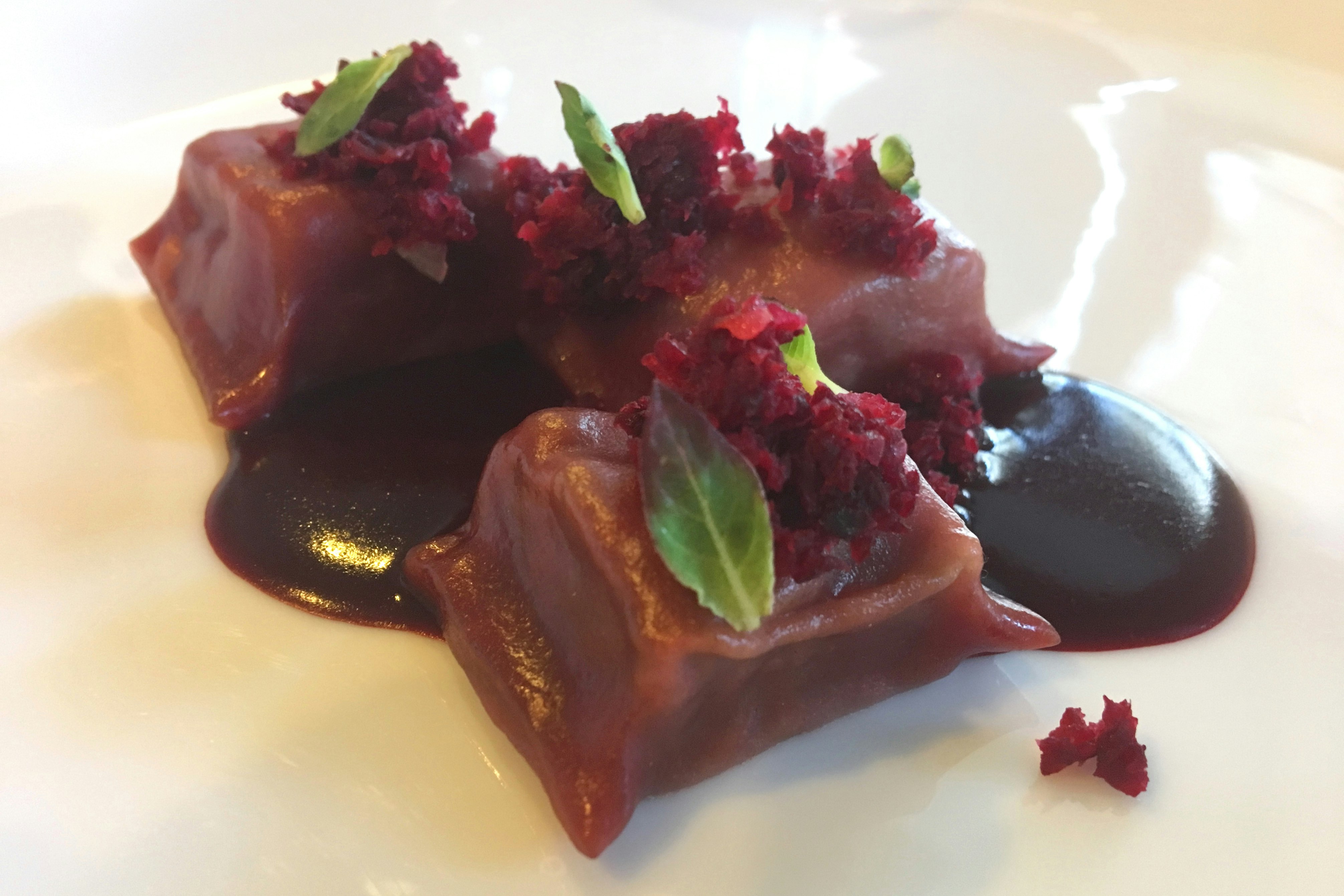 Seasonal dishes such as ox-cheek ravioli with beetroot and evening primrose leaves